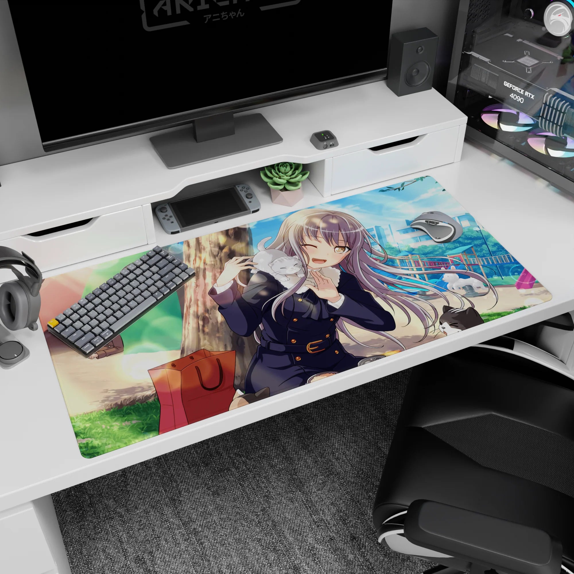 Winking silver-haired schoolgirl with sleepy cat in a bright park scene on anime desk pad 40x20 inches.