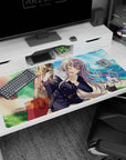 Winking silver-haired schoolgirl with sleepy cat in a bright park scene on anime desk pad 40x20 inches.