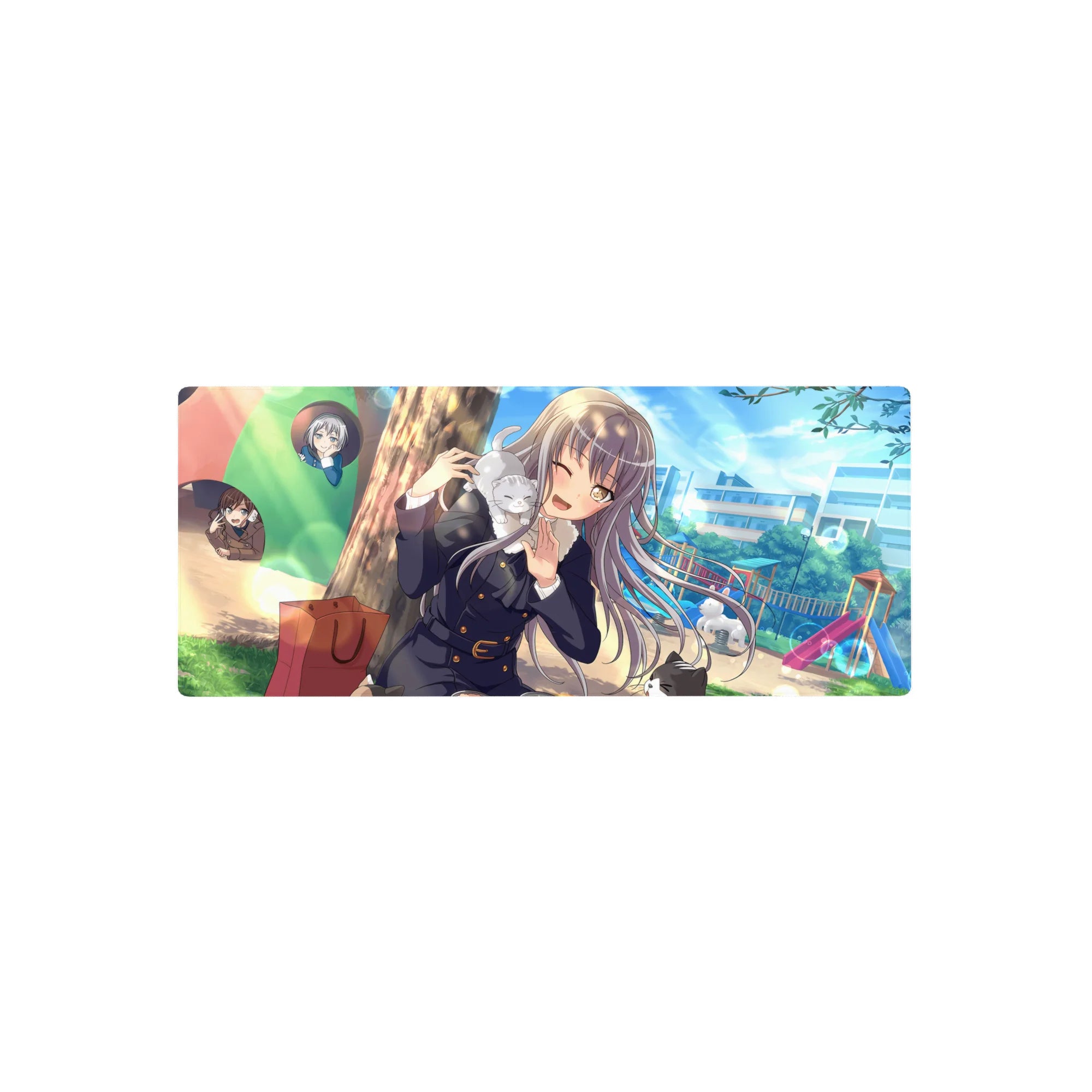 Anime girl mouse pad 28x12 inches with schoolgirl art, chibi cameos, and a cat on her shoulder.