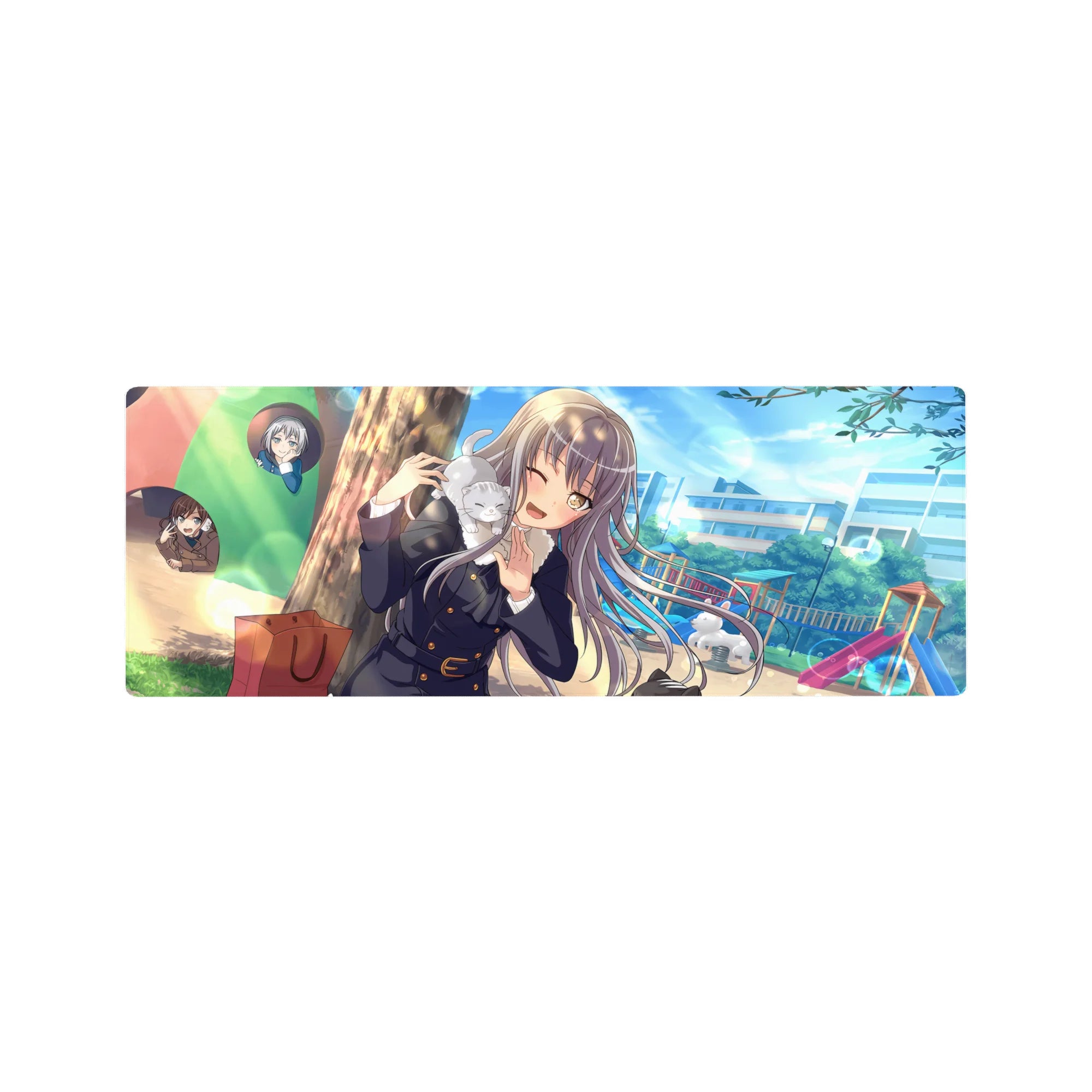 Anime girl mouse pad 32x12 inches with silver-haired schoolgirl, chibi cameos, and cat shoulder scene.