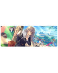 Anime girl mouse pad 32x12 inches with silver-haired schoolgirl, chibi cameos, and cat shoulder scene.