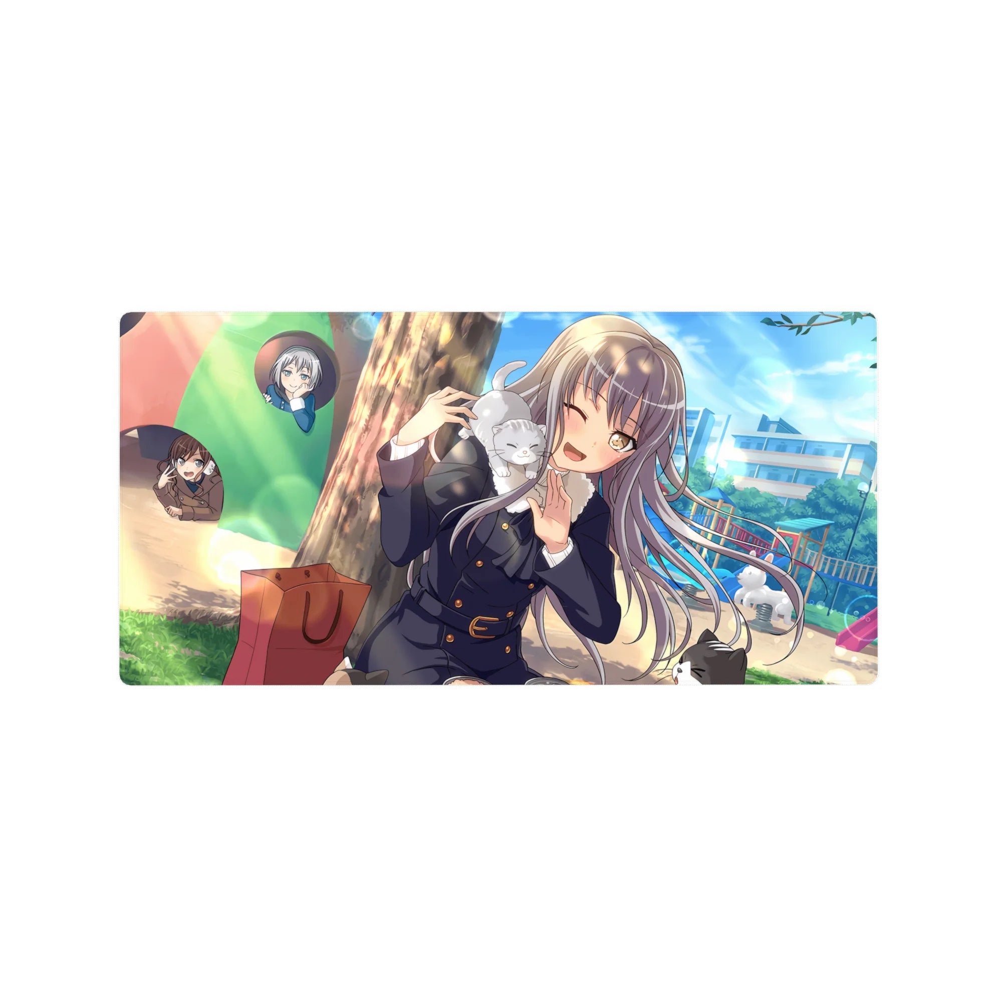 Anime girl mouse pad 32x16 inches with schoolgirl scene, chibi cameos, and a cat on her shoulder.