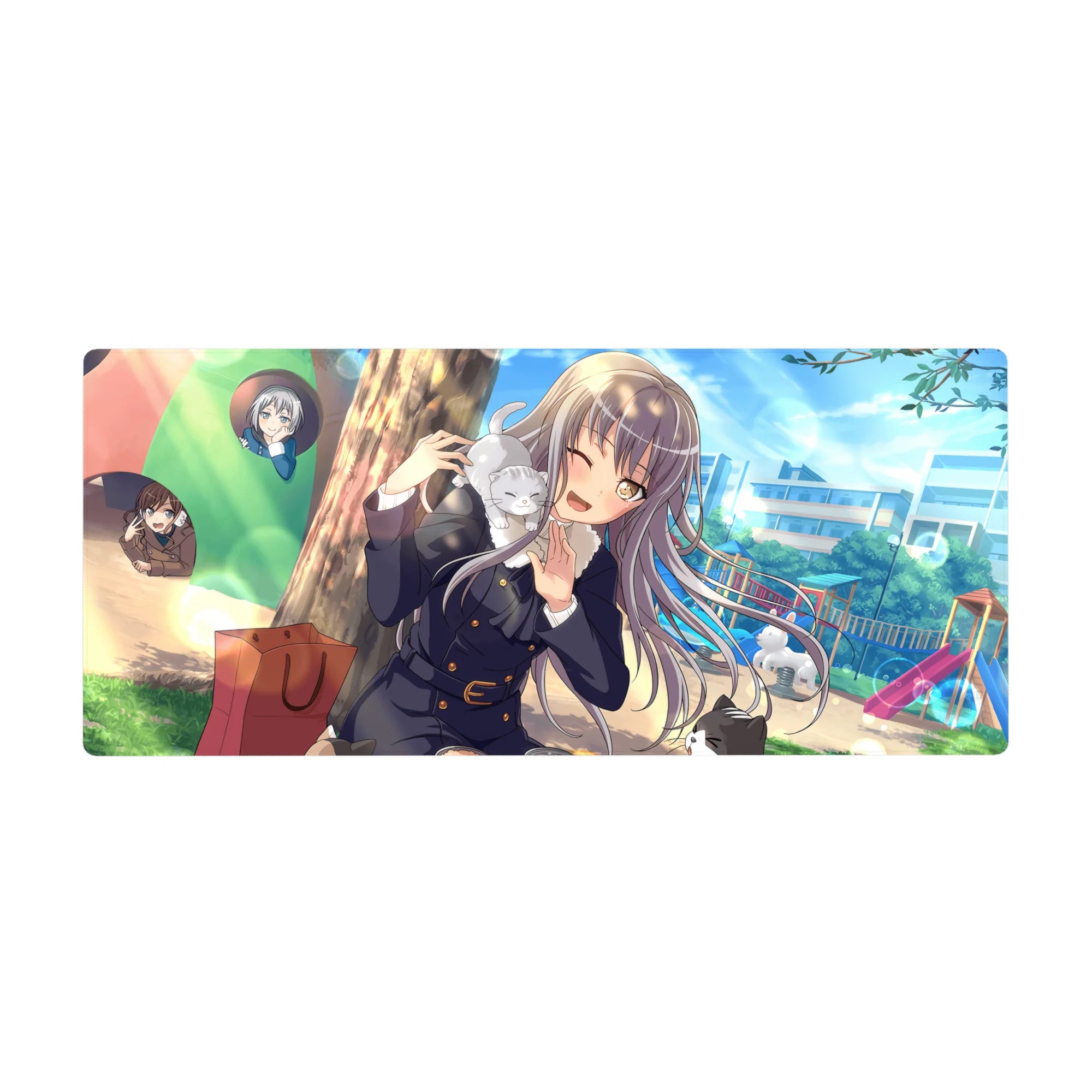 Anime girl desk pad 36x16 inches with silver-haired schoolgirl, chibi cameos, and cat on shoulder.