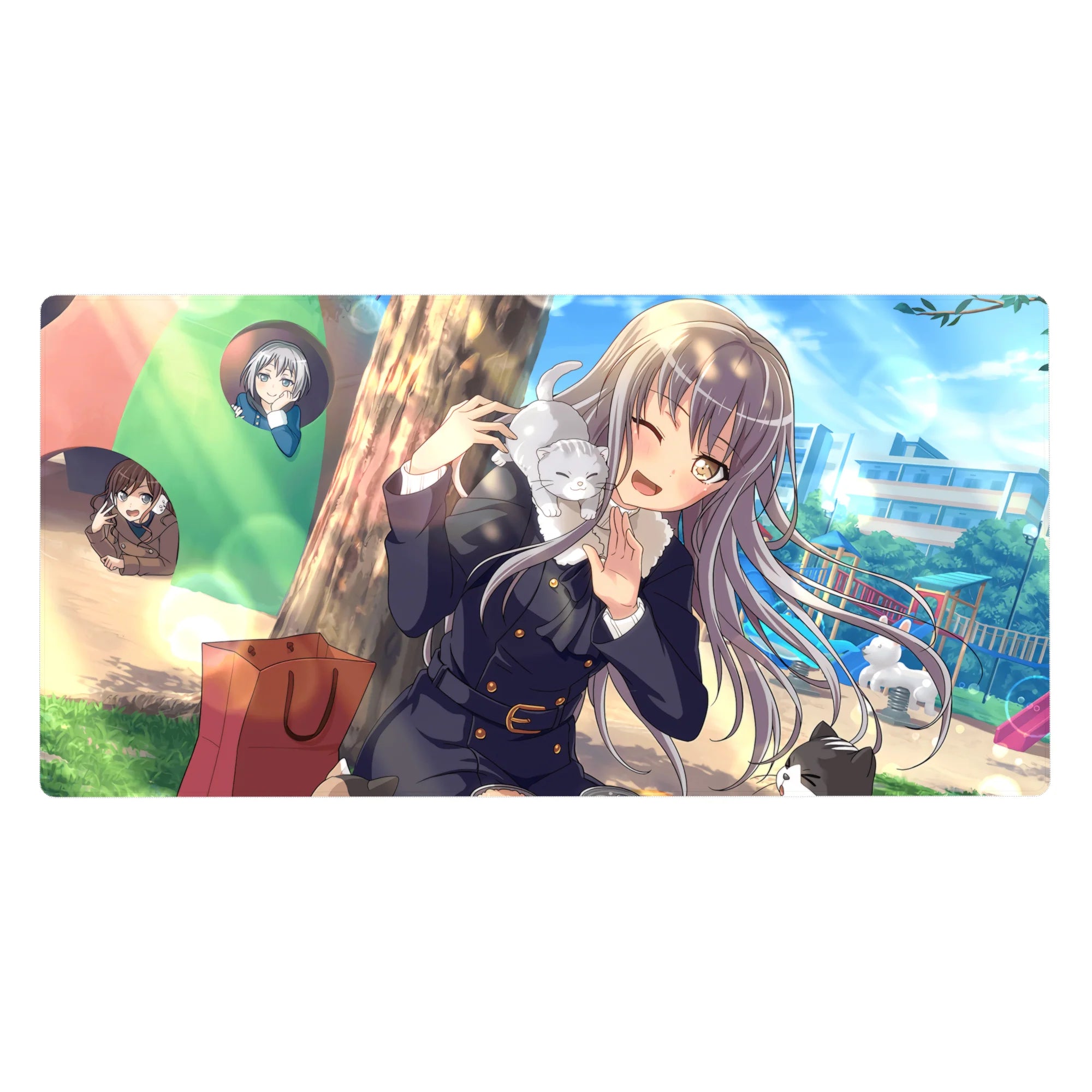 Anime girl desk pad 40x20 inches with silver-haired schoolgirl, winking, cat on shoulder, chibi cameos.