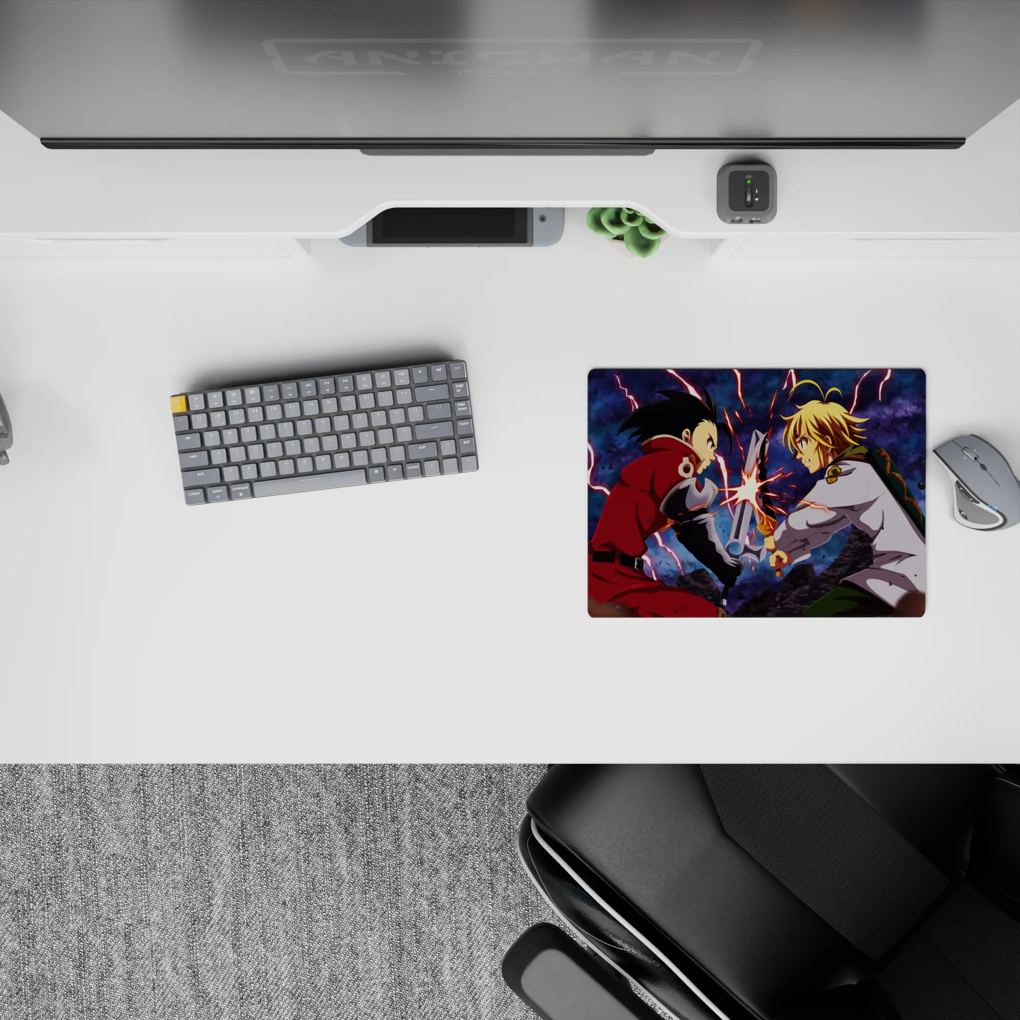 Anime mouse pad 14x10 inches in smoky blues and crimson, intense stormy mood with hot spark highlights.