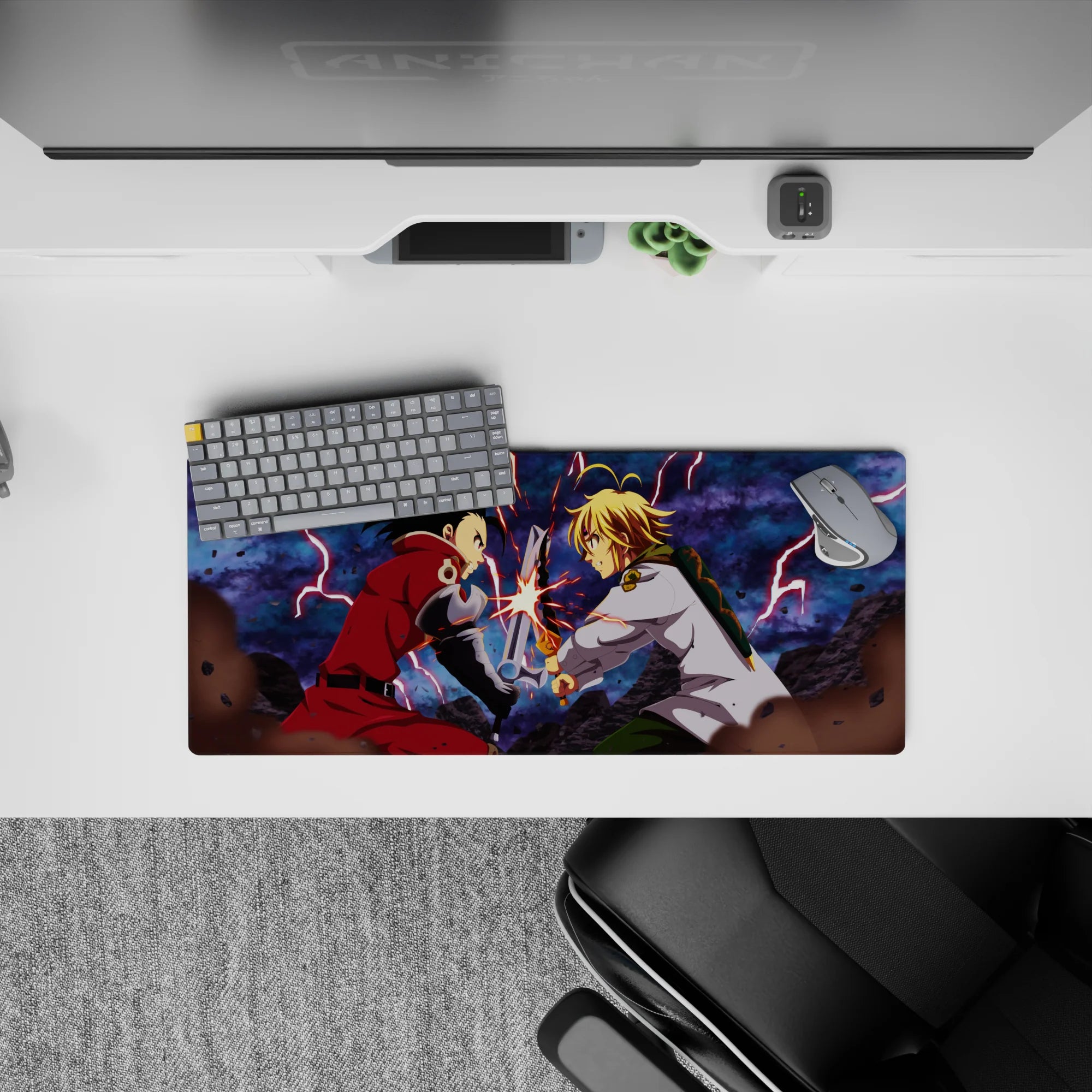 28x12 inches anime mouse pad in smoky blue tones with lightning, hot highlights, and flying sparks.