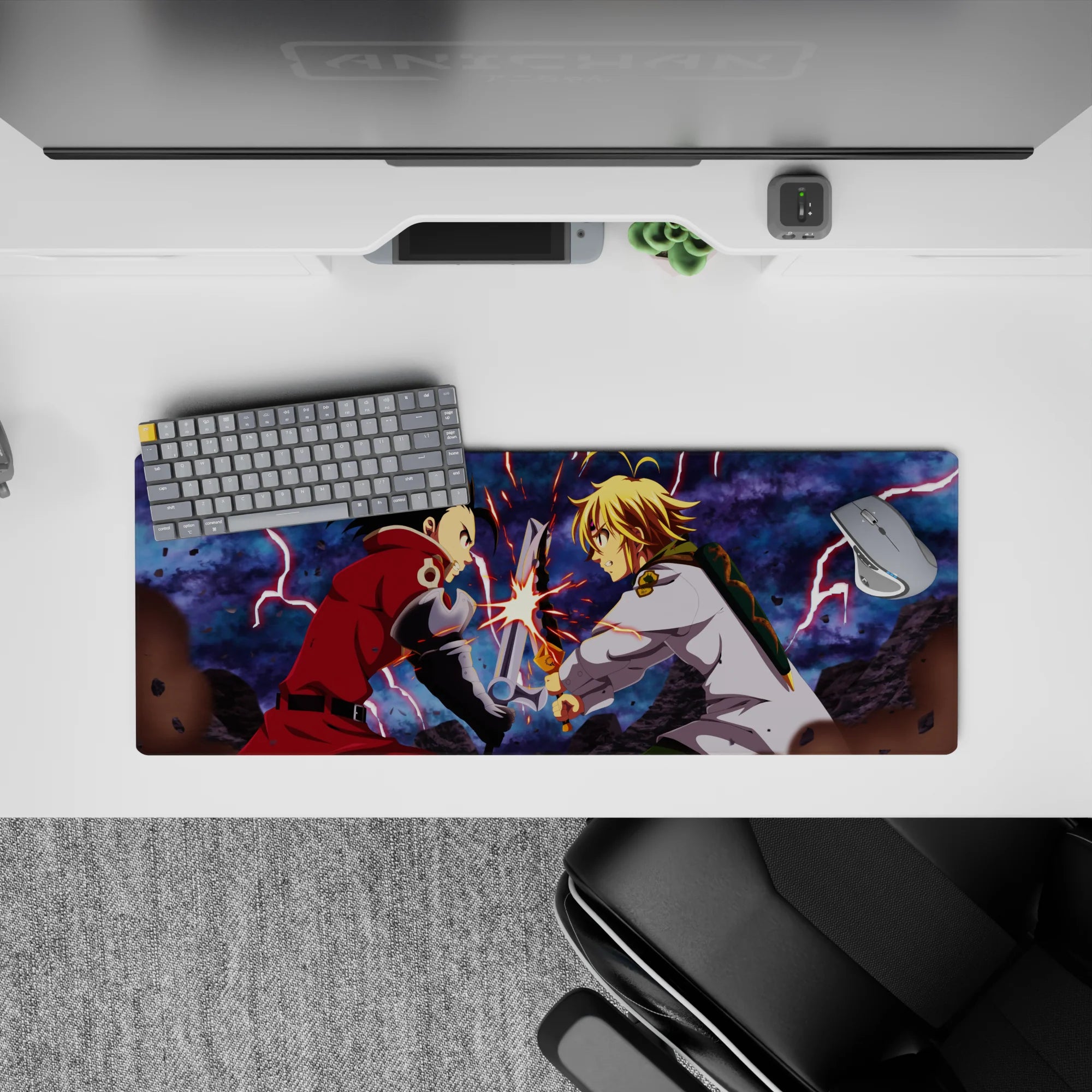 32x12 inches anime mouse pad in smoky blues and crimson, electric clash sparks and tense mood.