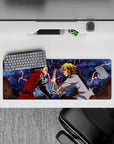 32x12 inches anime mouse pad in smoky blues and crimson, electric clash sparks and tense mood.