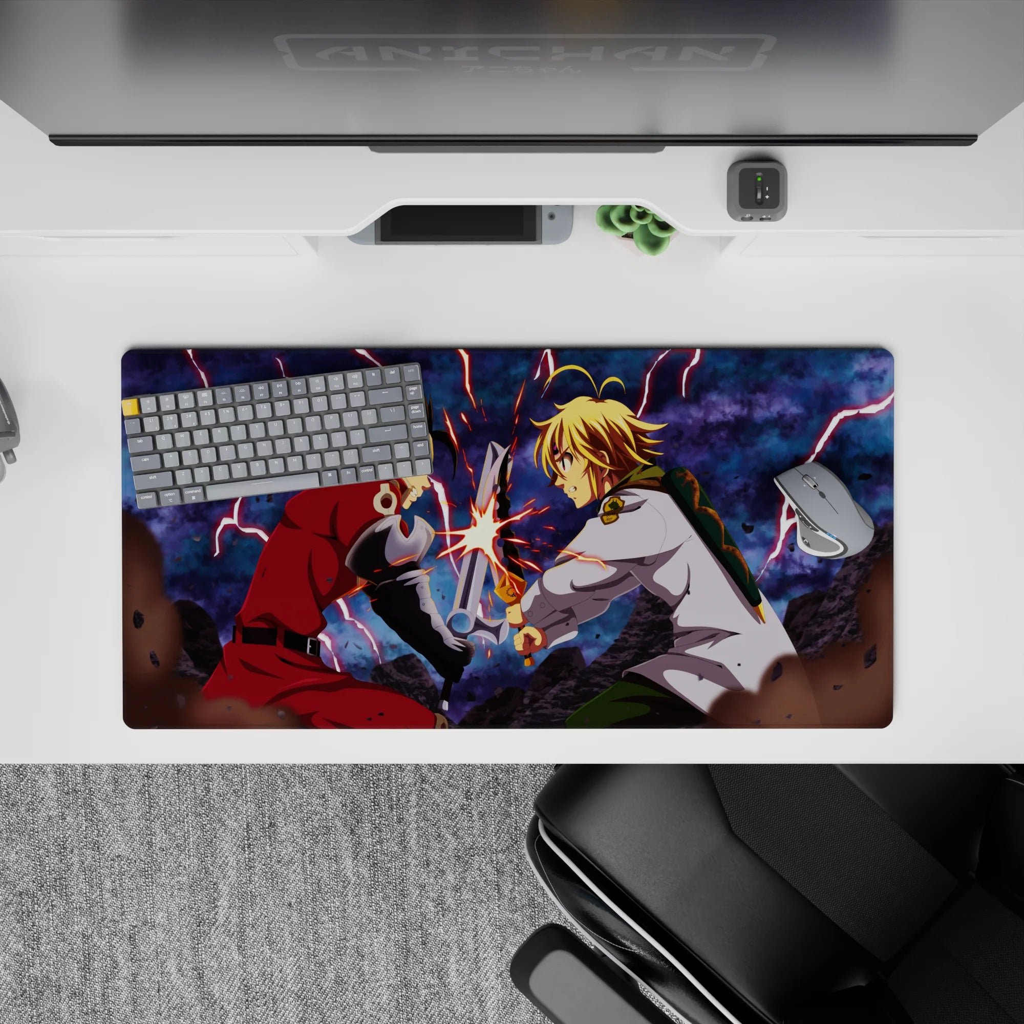 Anime mouse pad 32x16 inches in crimson and steel tones, electric sparks under a smoky blue sky.