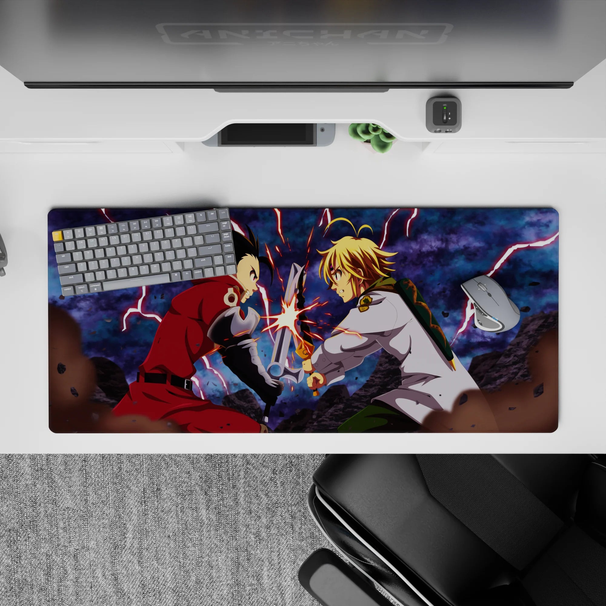 36x16 inches anime desk pad in smoky blue tones with crimson highlights, electric sparks, intense showdown.