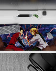 36x16 inches anime desk pad in smoky blue tones with crimson highlights, electric sparks, intense showdown.