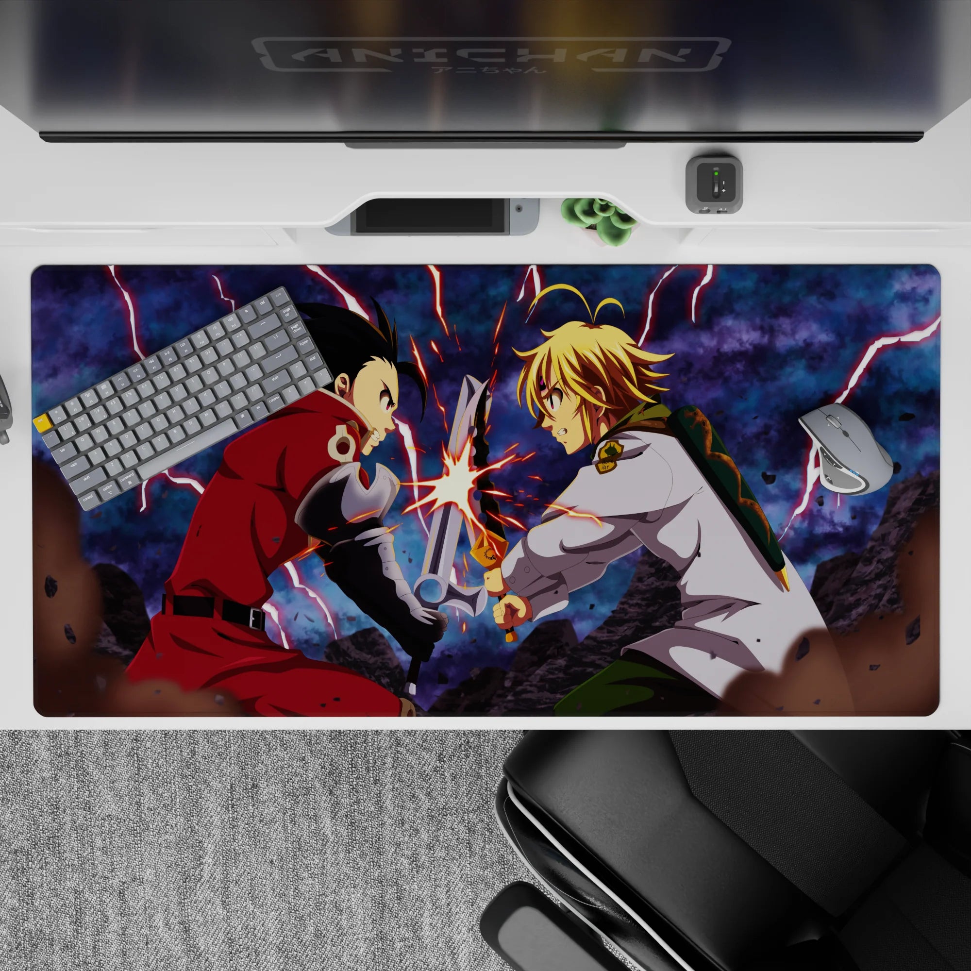 40x20 inches anime desk pad in crimson and steel tones, lightning-lit duel with intense energy.