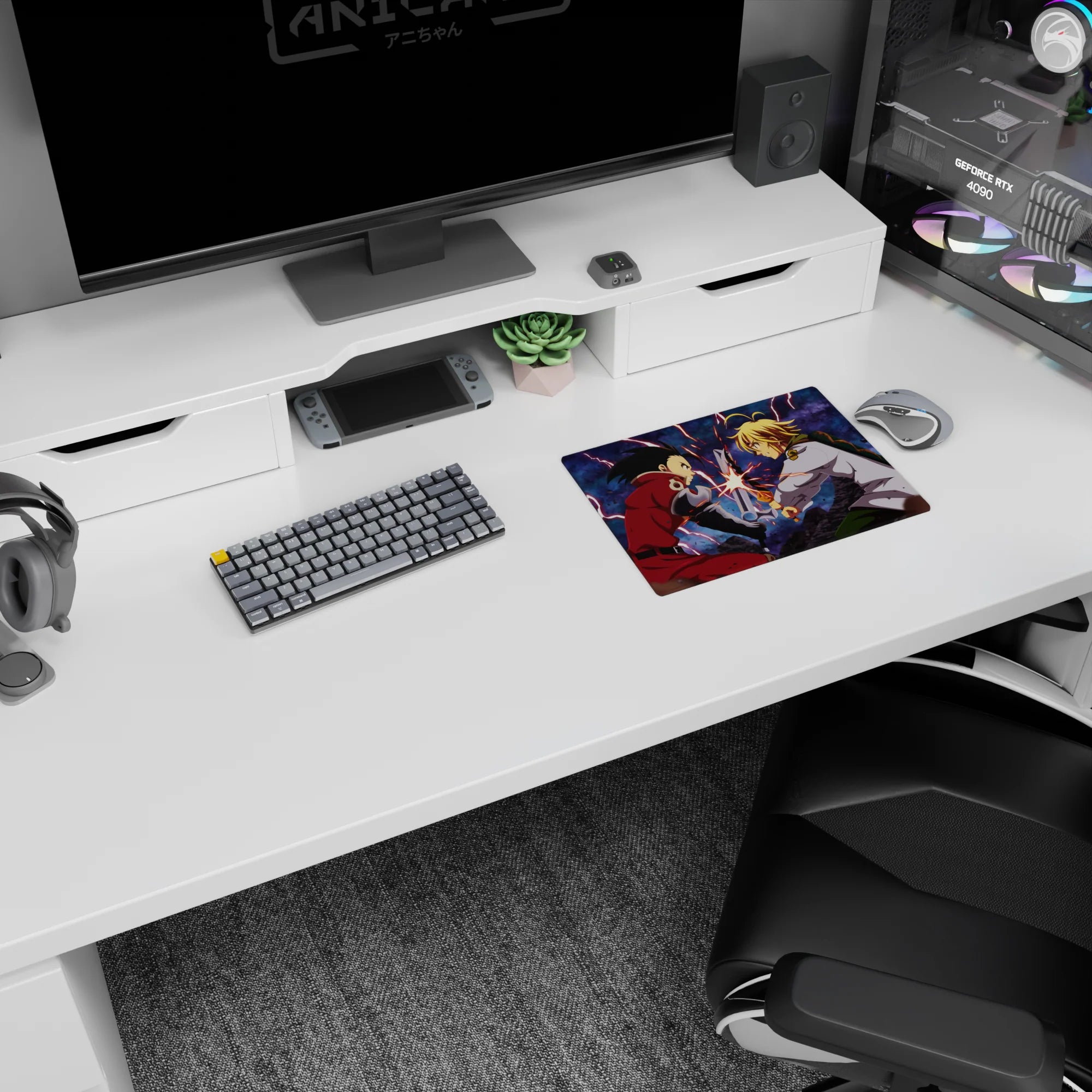 Fullmetal Alchemist mouse pad 14x10 inches with Edward Elric dueling a blond swordsman, sparks flying.