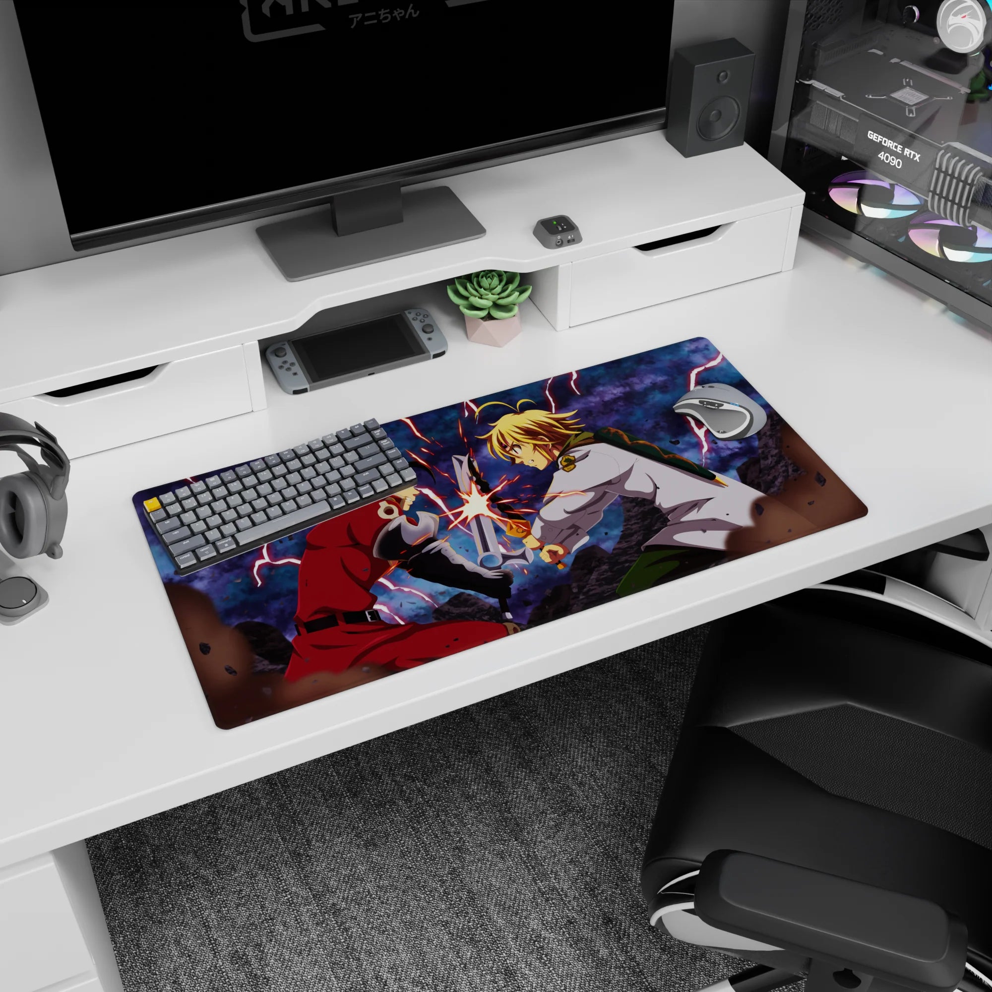 Edward Elric clash scene anime mouse pad 32x16 inches, automail arm slamming steel at blond swordsman.