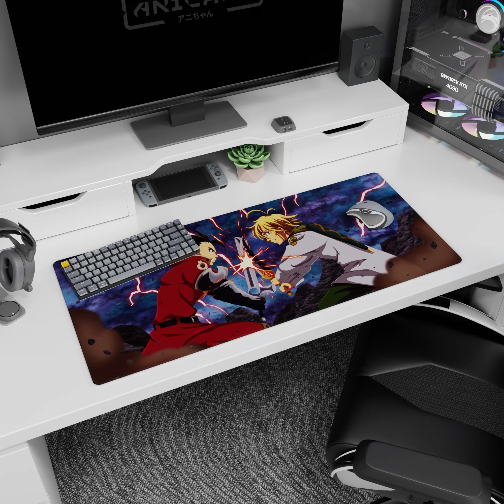 36x16 inches anime desk pad of Edward Elric in red coat slamming automail arm into a blond swordsman’s blade.
