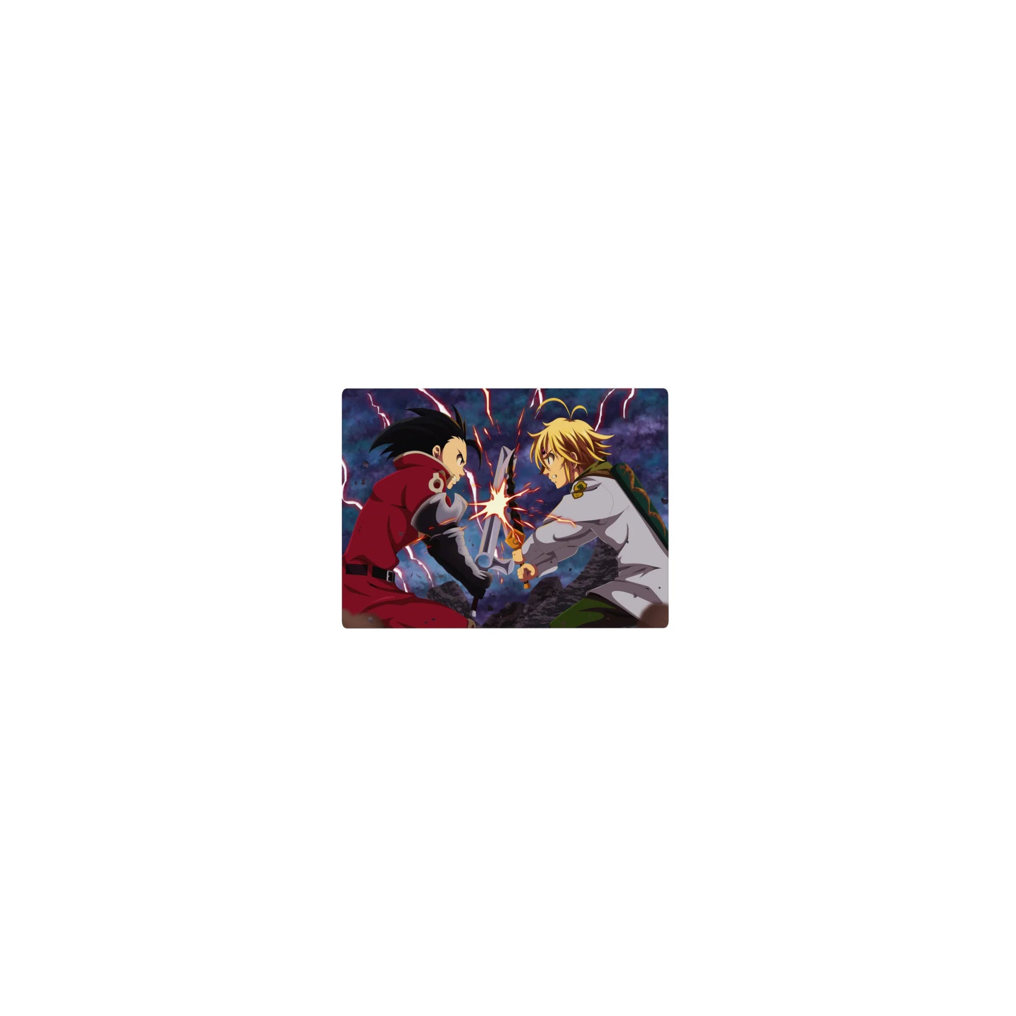 Classic anime mouse pad 14x10 inches featuring a lightning clash duel above drifting rubble and sparks.