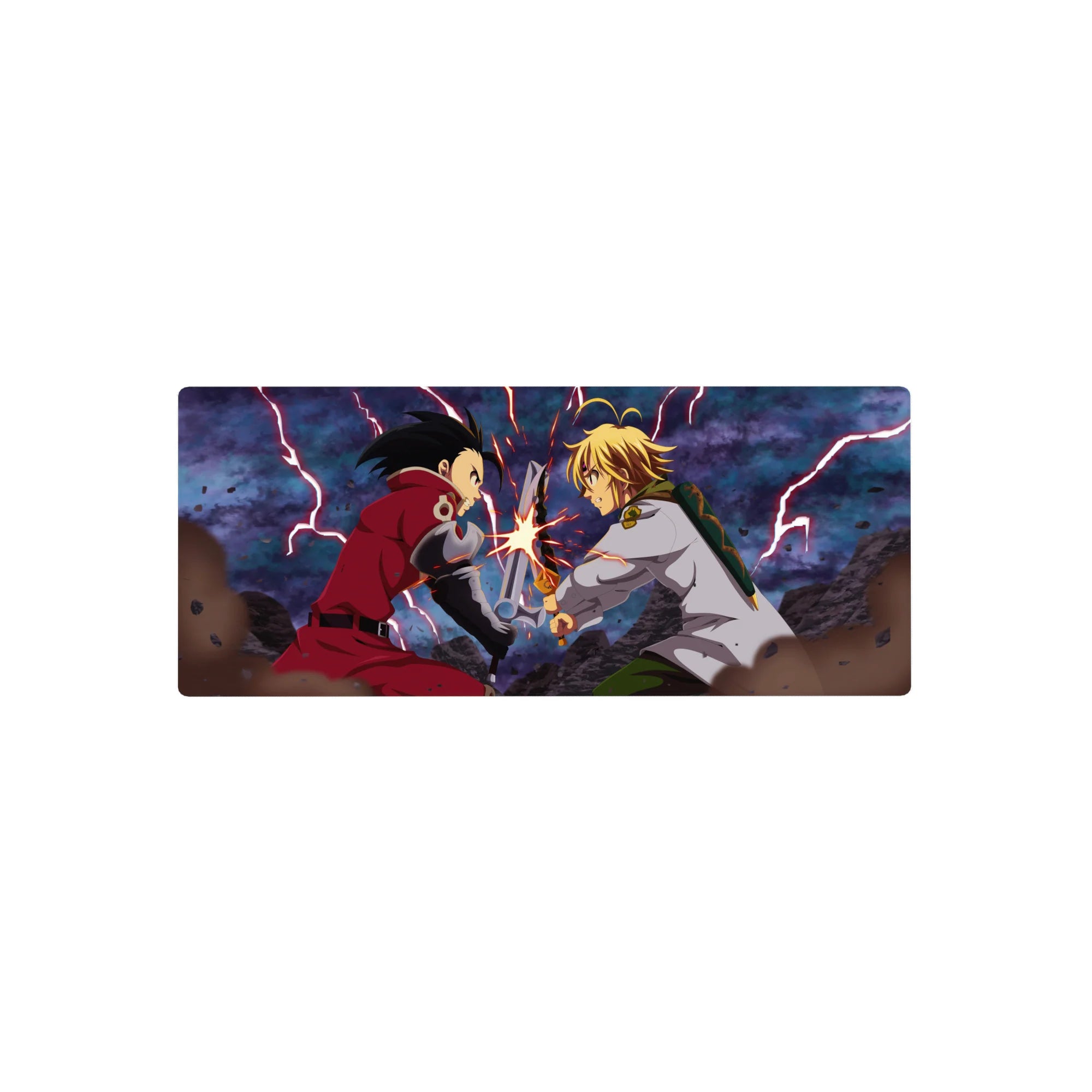 28x12 inches anime mouse pad with Edward Elric vs swordsman clash, sparks, rubble, and stormy sky.