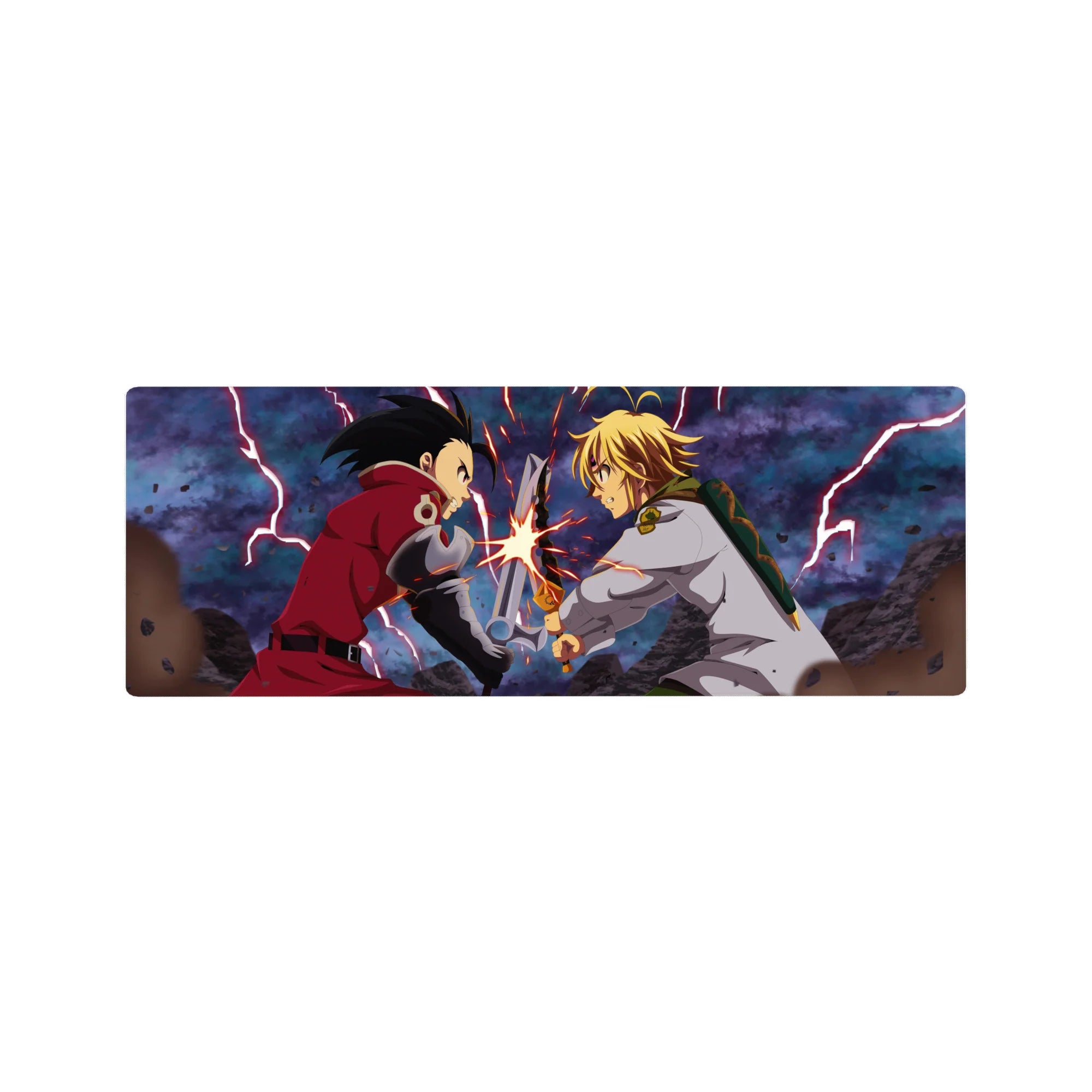32x12 inches anime mouse pad with Edward Elric duel, lightning sparks, rubble, smoky blue sky.