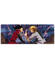 32x12 inches anime mouse pad with Edward Elric duel, lightning sparks, rubble, smoky blue sky.