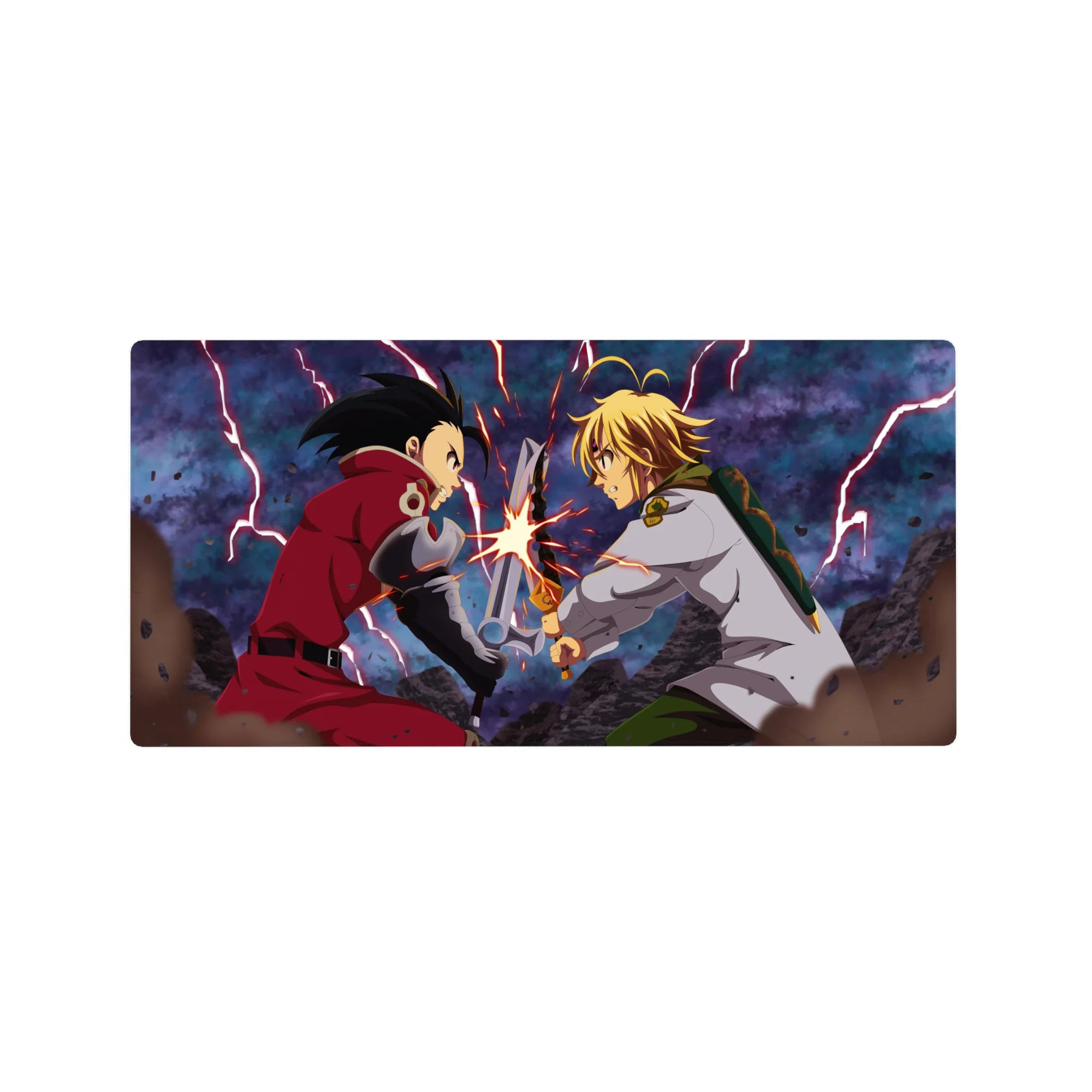 Fullmetal Alchemist anime mouse pad 32x16 inches with lightning duel, sparks, rubble, and smoky sky.