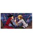 Fullmetal Alchemist anime mouse pad 32x16 inches with lightning duel, sparks, rubble, and smoky sky.