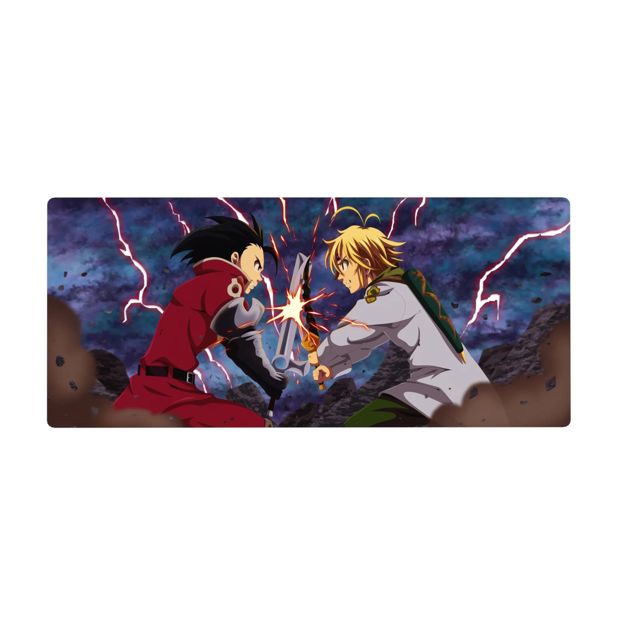 36x16 inches anime desk pad with Fullmetal Alchemist duel, lightning clash, sparks, and floating rubble.