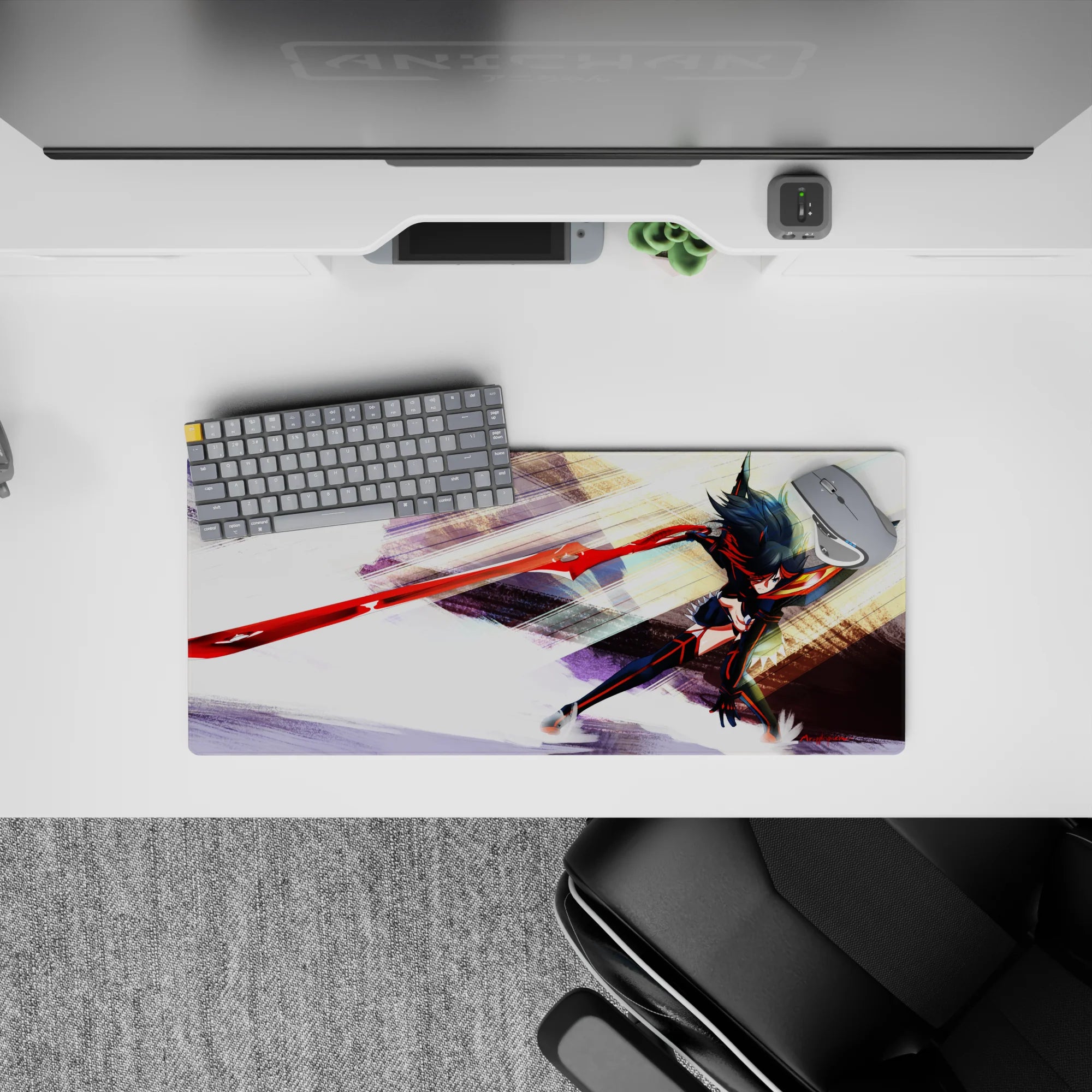 28x12 inches anime girl mouse pad in glossy red and deep black, fierce high-energy action mood with orange accents.