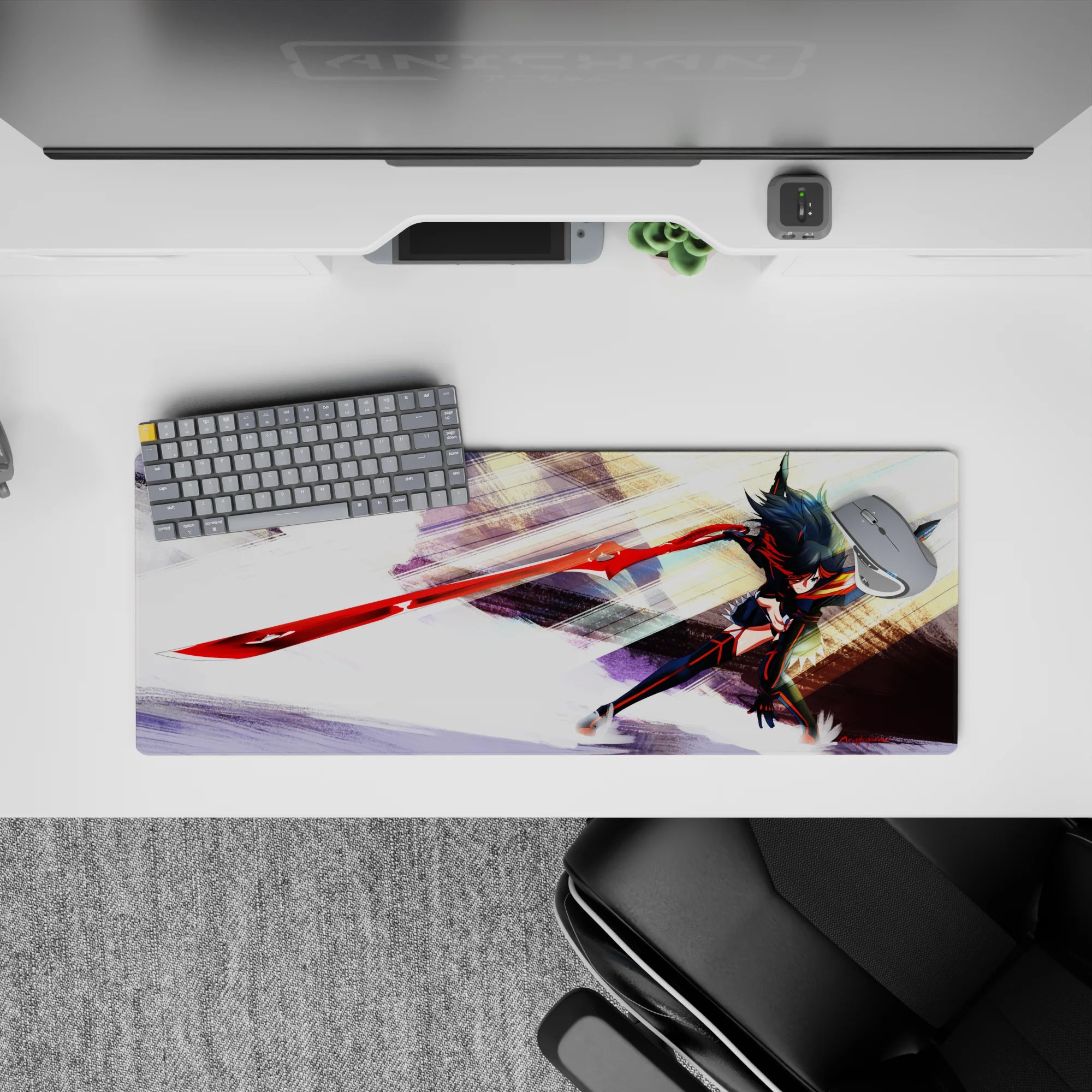 32x12 inches anime girl mouse pad in glossy red, black, and orange, fierce high-energy action vibe.