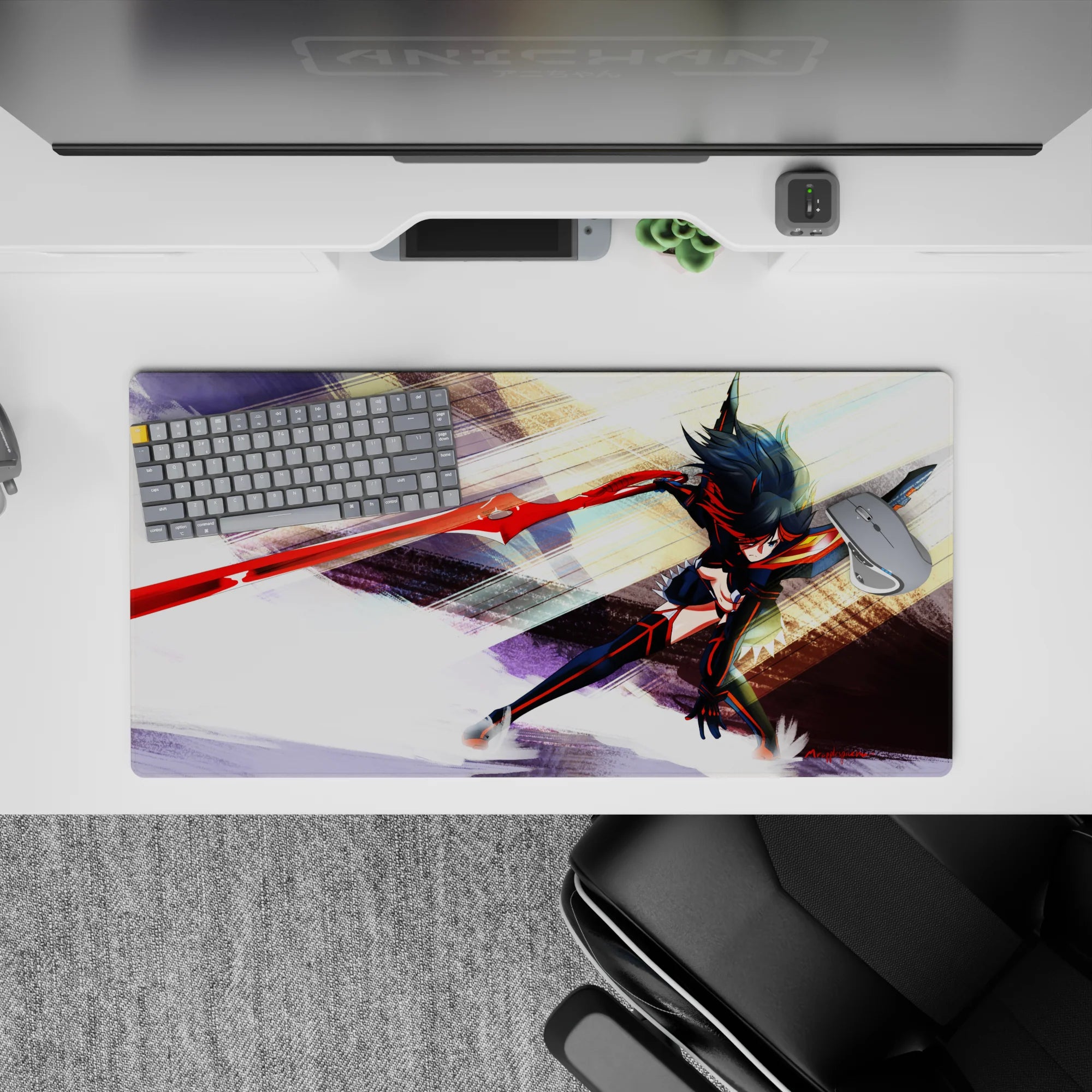 32x16 inches anime girl mouse pad in glossy red and black with fiery orange accents and intense vibe.