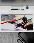 32x16 inches anime girl mouse pad in glossy red and black with fiery orange accents and intense vibe.