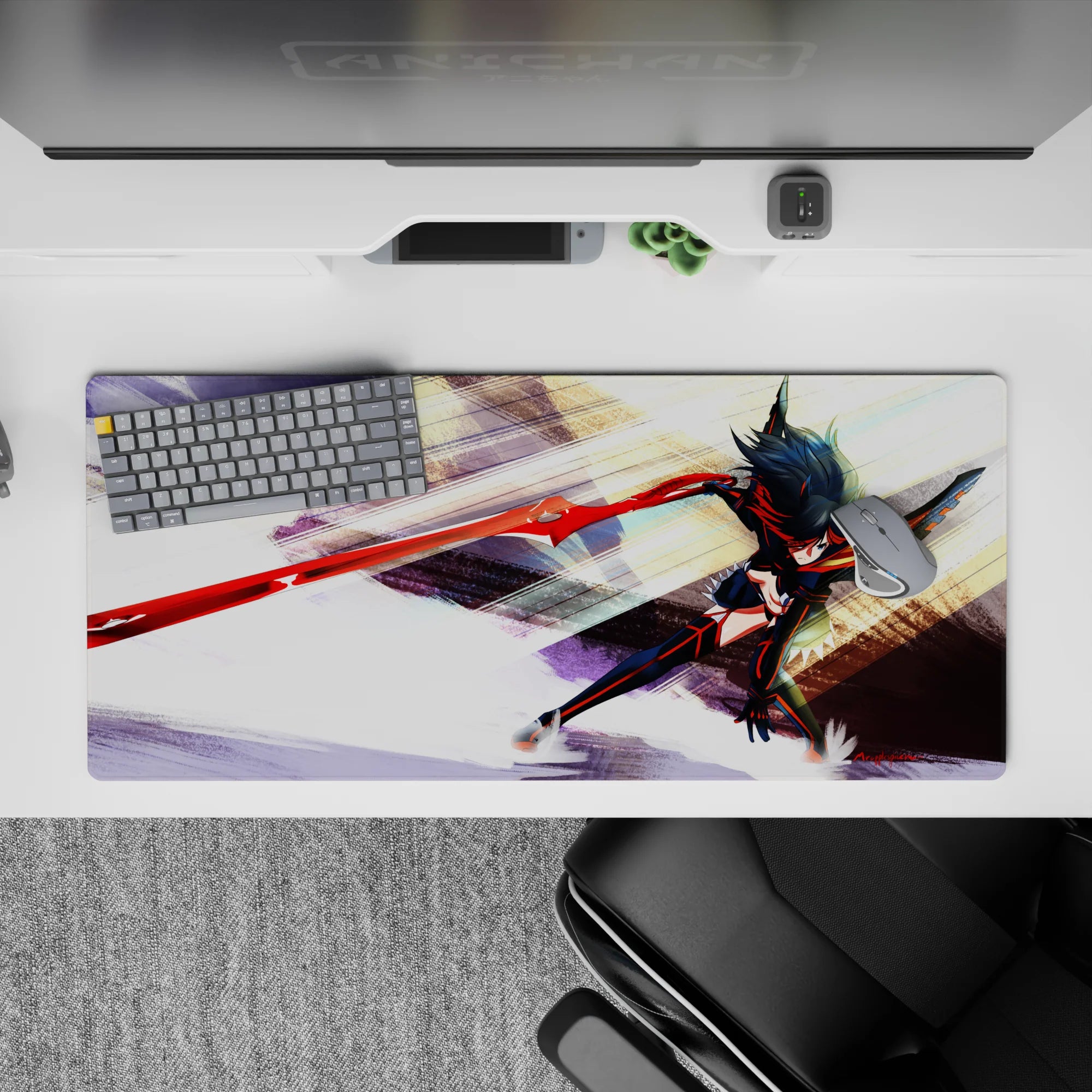 36x16 inches black and red anime desk pad, glossy crimson blade, orange accents, fierce high-energy vibe.