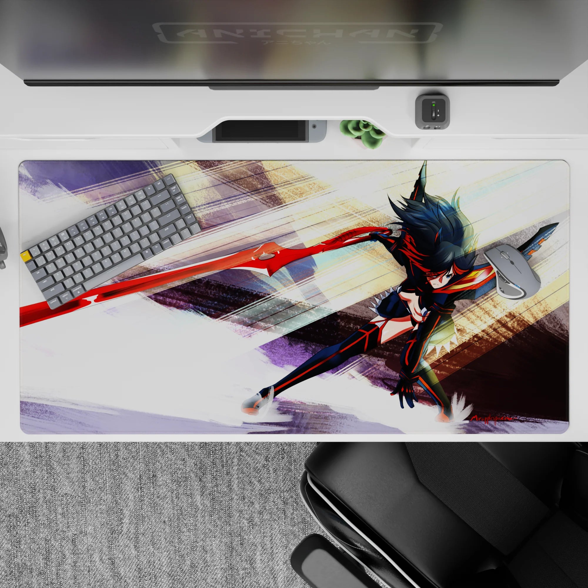 Anime girl desk pad 40x20 inches in glossy red, black, and orange accents with fierce high-energy vibe.