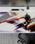 Anime girl desk pad 40x20 inches in glossy red, black, and orange accents with fierce high-energy vibe.