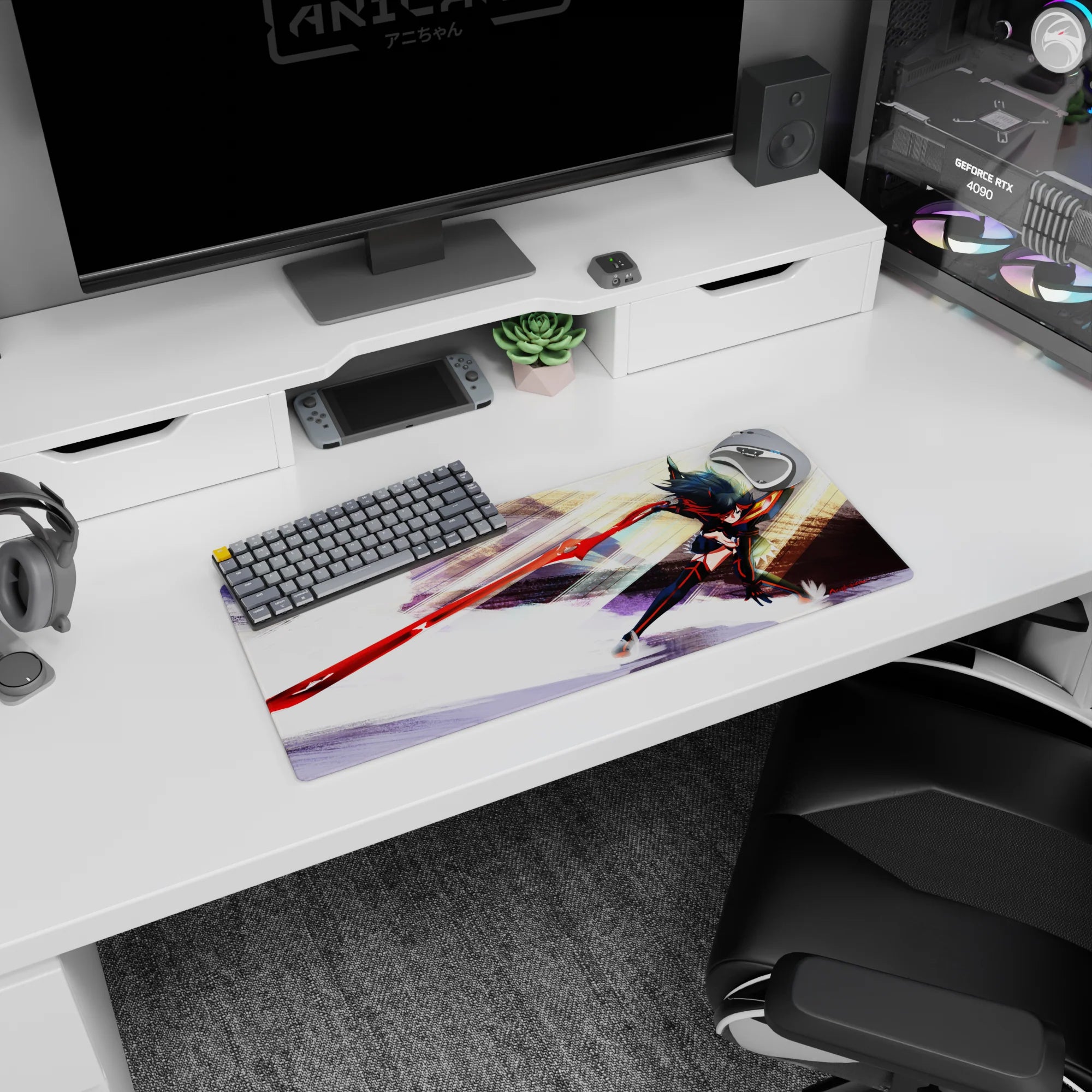 28x12 inches Ryuko Matoi anime mouse pad, jet-black hair whipping as she lunges forward with a blazing blade.