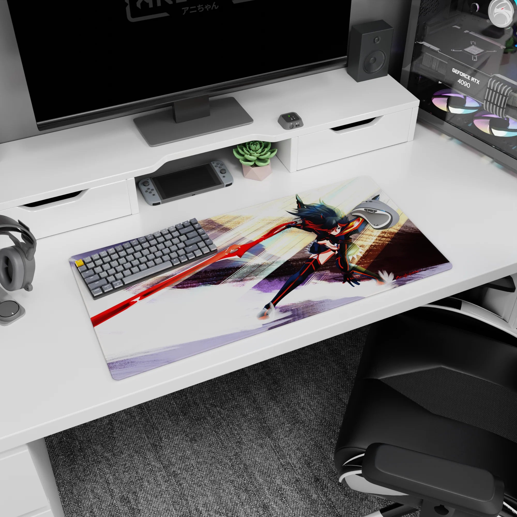 32x16 inches Ryuko Matoi anime mouse pad, jet-black hair flying as she charges forward with a red blade.