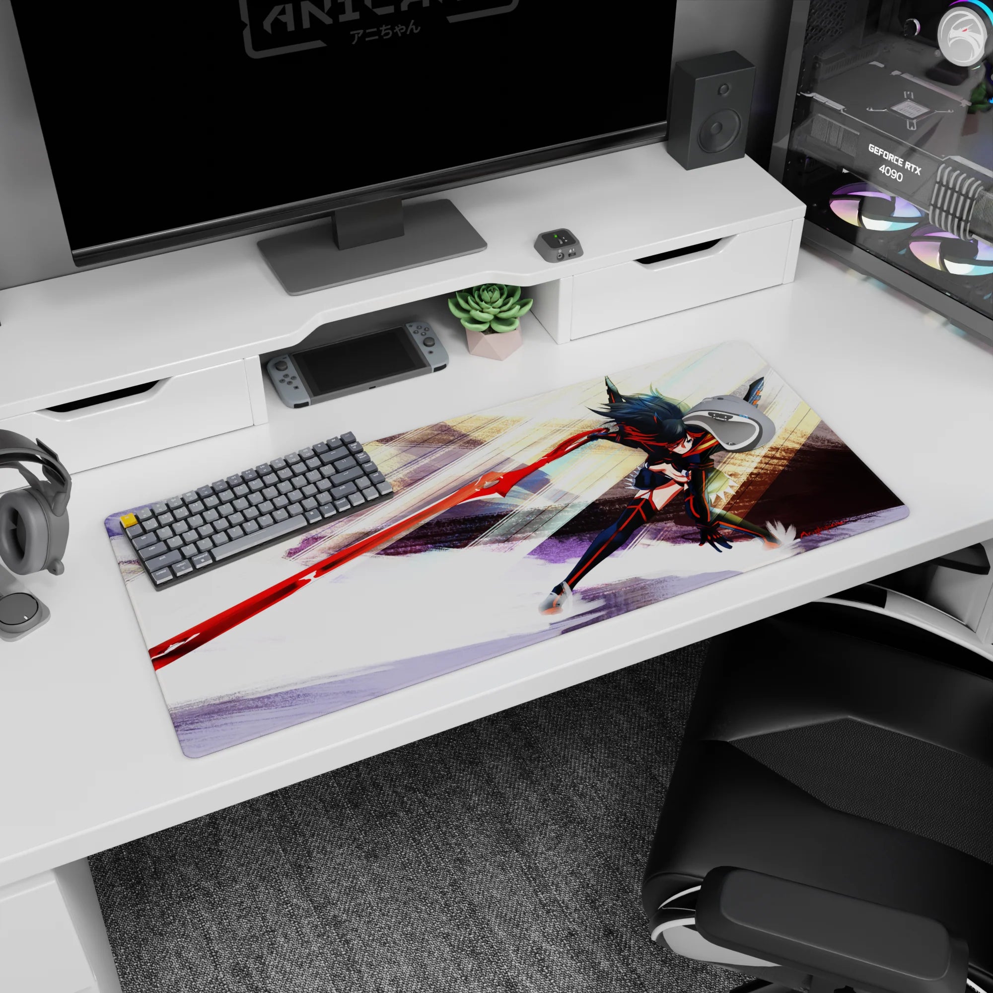 36x16 inches Ryuko Matoi desk pad, jet-black hair whipping as she lunges forward with a blazing blade.