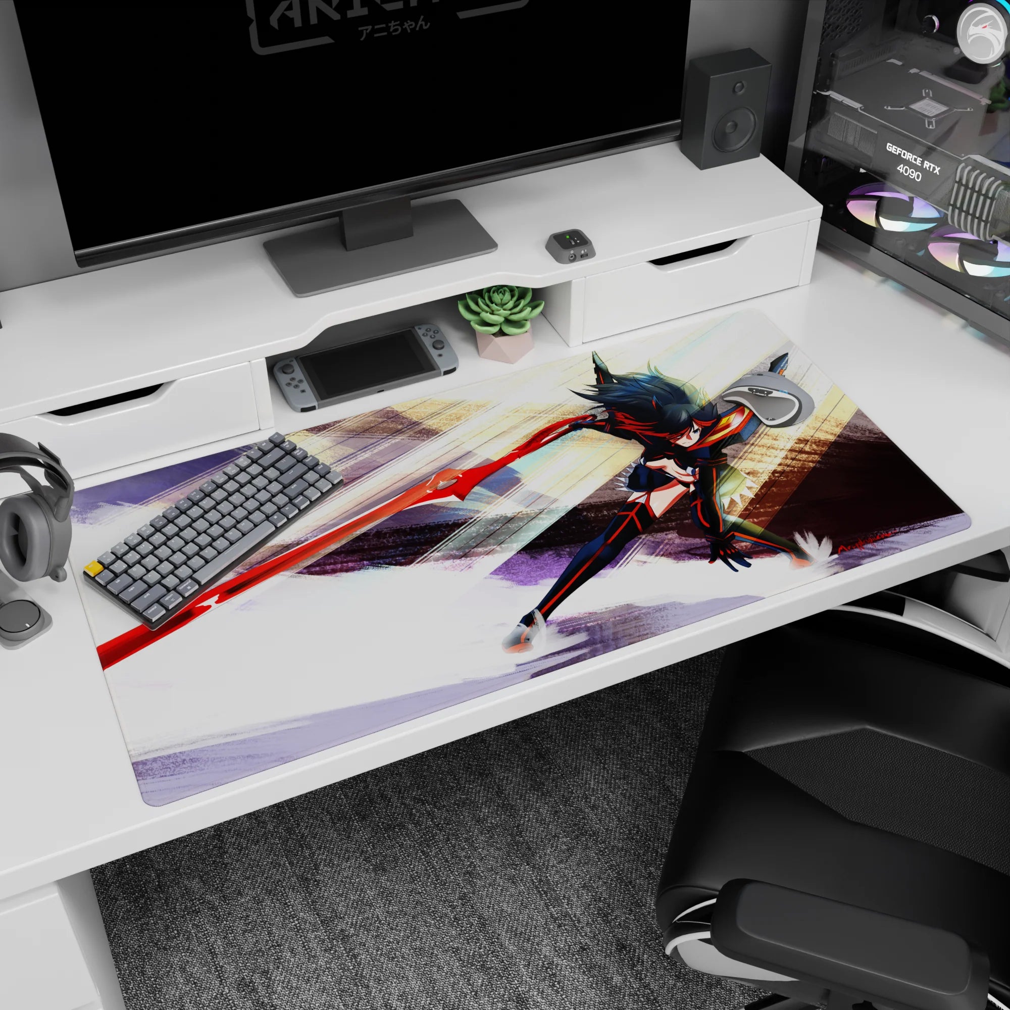 Ryuko Matoi anime desk pad 40x20 inches, jet-black hair whipping as she lunges forward with blazing blade.