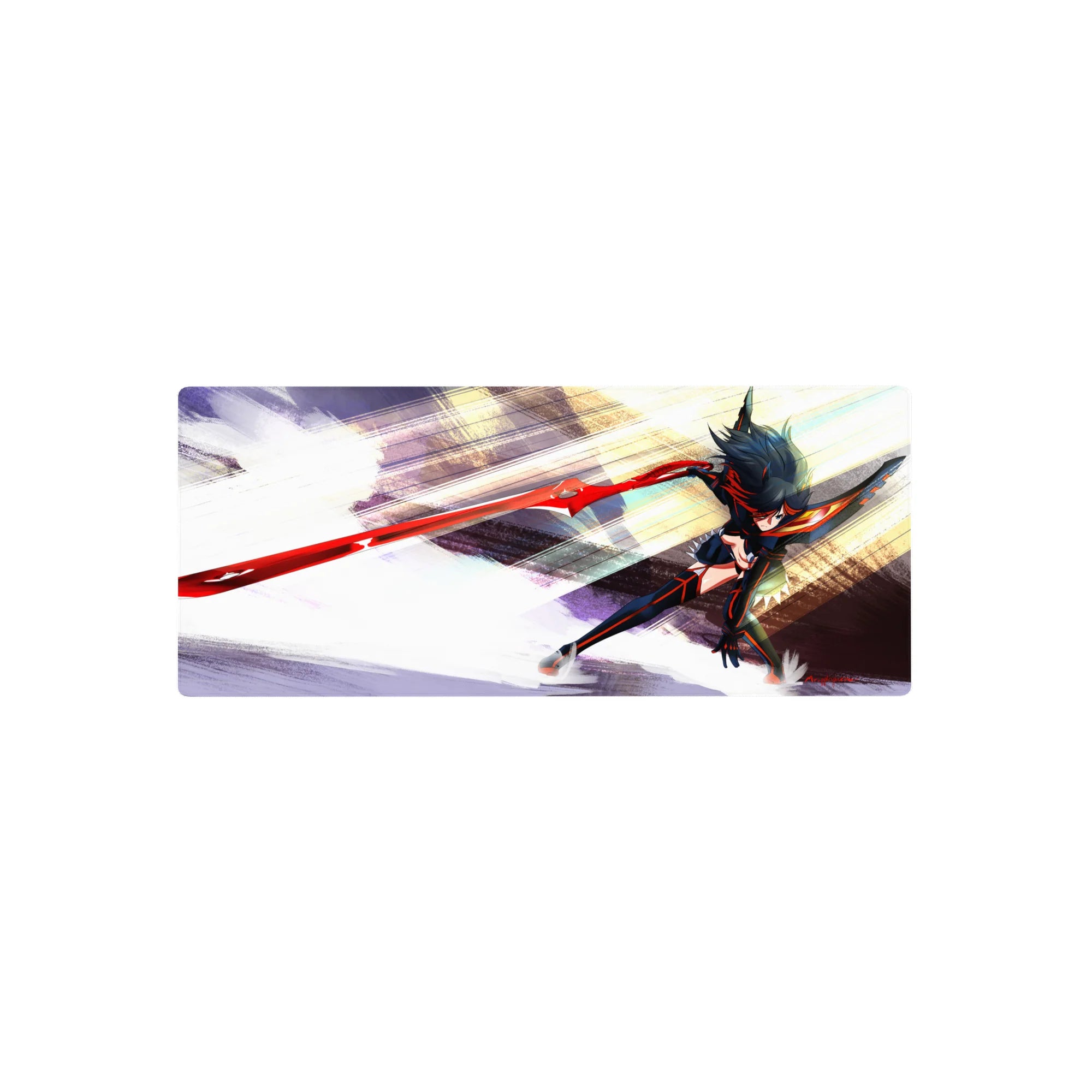 28x12 inches anime girl mouse pad with dynamic red blade lunge, black-red outfit, stormy brushstroke background.
