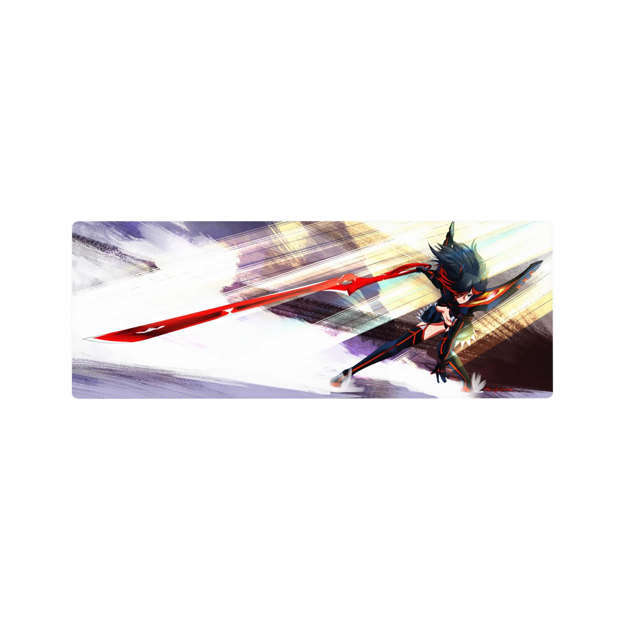 32x12 inches anime girl mouse pad with dynamic sword lunge, motion lines, and stormy brushstroke backdrop.