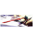 32x12 inches anime girl mouse pad with dynamic sword lunge, motion lines, and stormy brushstroke backdrop.
