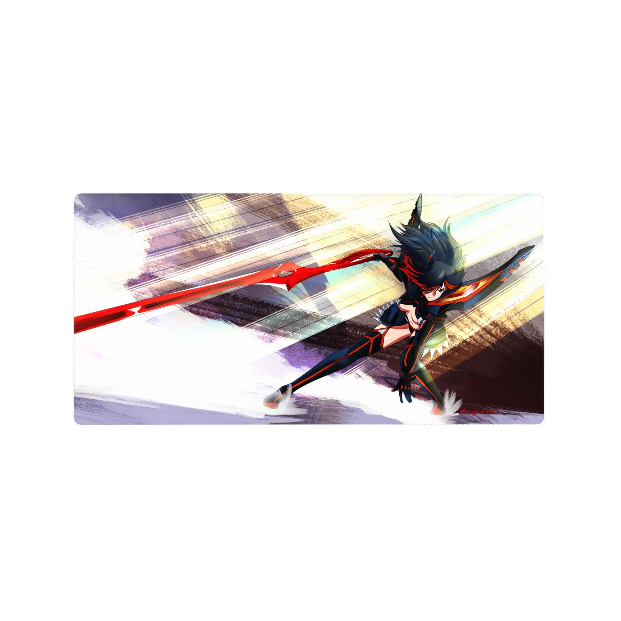 32x16 inches anime girl mouse pad with dynamic sword lunge, motion lines, stormy brushstroke background.