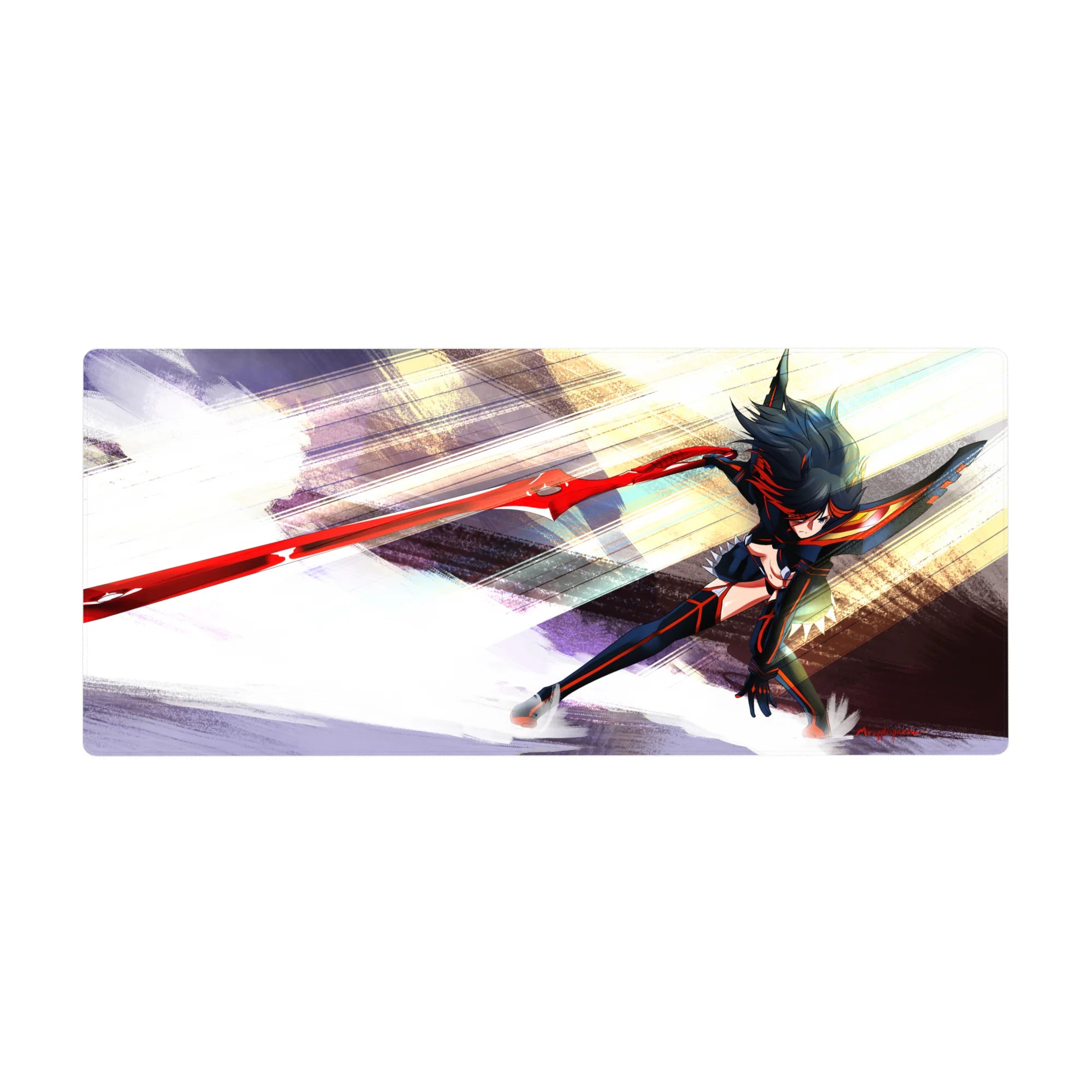 36x16 inches anime girl desk pad with dynamic sword lunge, motion lines, stormy brushstroke background.