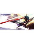 36x16 inches anime girl desk pad with dynamic sword lunge, motion lines, stormy brushstroke background.