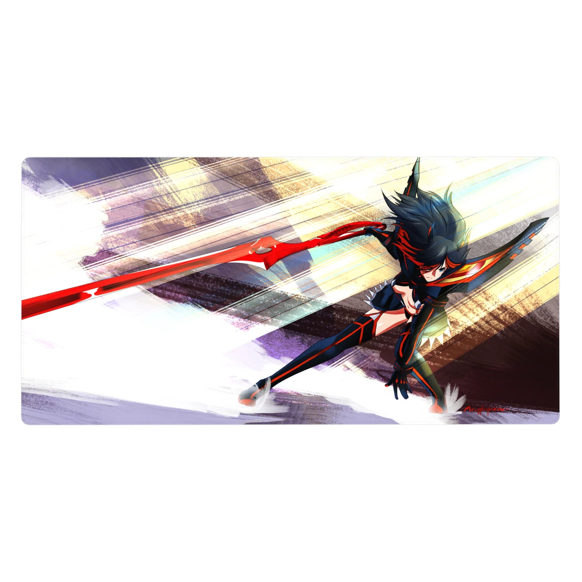 Anime girl desk pad 40x20 inches with dynamic sword lunge, motion lines, and stormy brushstroke background.