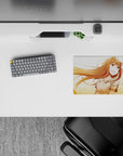 Cozy amber-and-gold anime mouse pad 14x10 inches with sunny wheatfield tones and soft blush details.