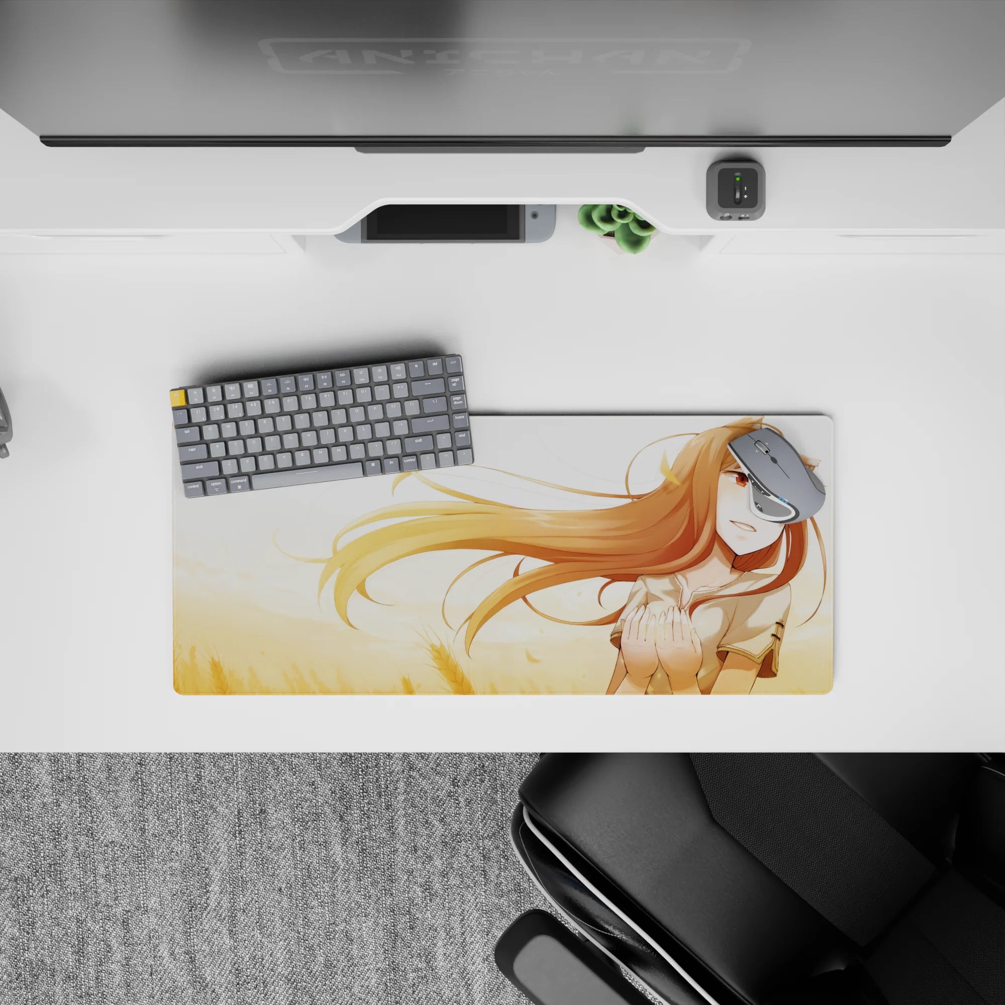 28x12 inches desk mouse pad in warm amber and soft gold tones, cozy sunny anime aesthetic.