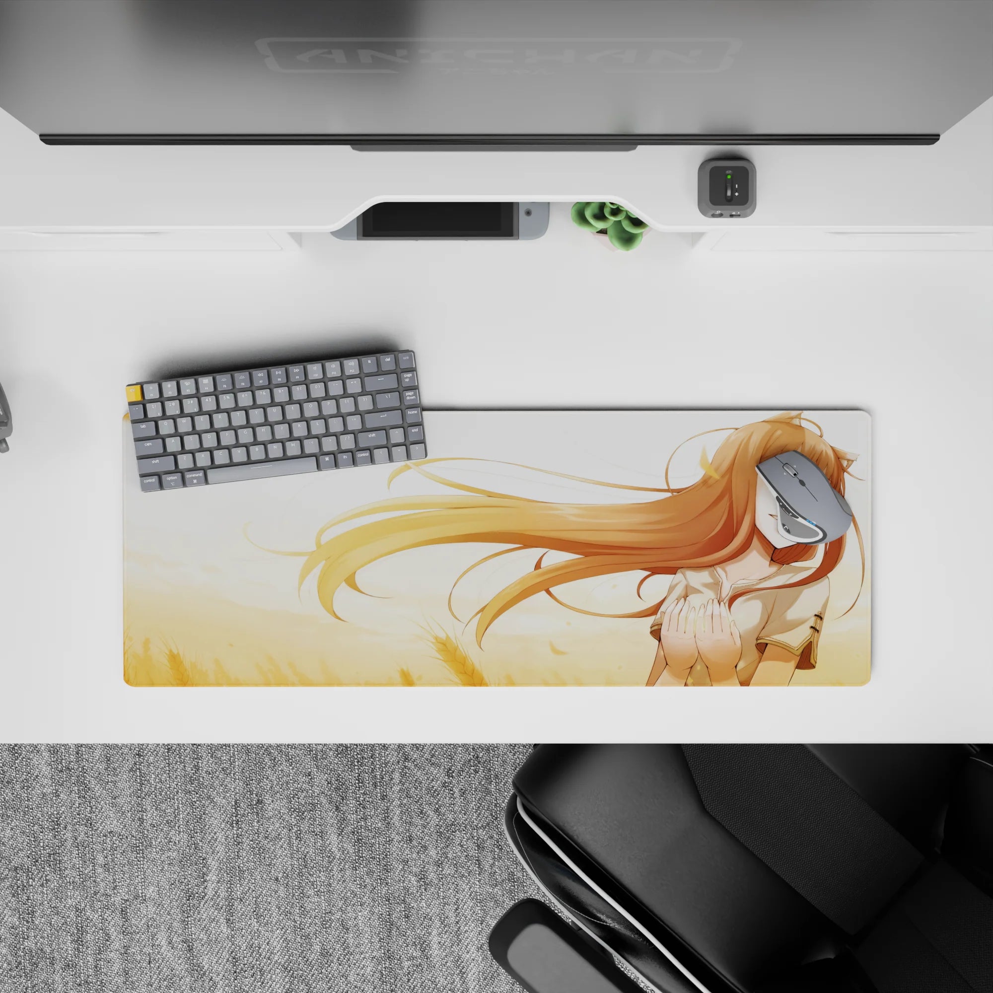 Cozy amber-and-gold anime mouse pad 32x12 inches with sunny highlights and a soft blush mood.