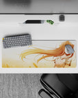Cozy amber-and-gold anime mouse pad 32x12 inches with sunny highlights and a soft blush mood.