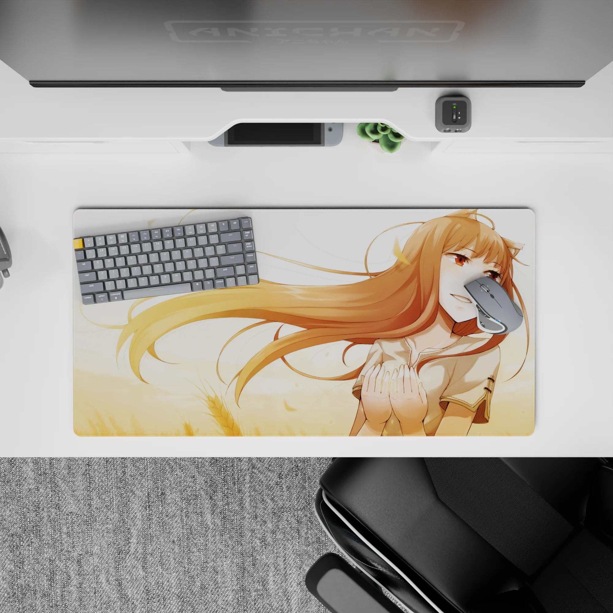 Cozy amber-and-gold anime mouse pad 32x16 inches, sunny wheatfield vibe with soft blush tones.