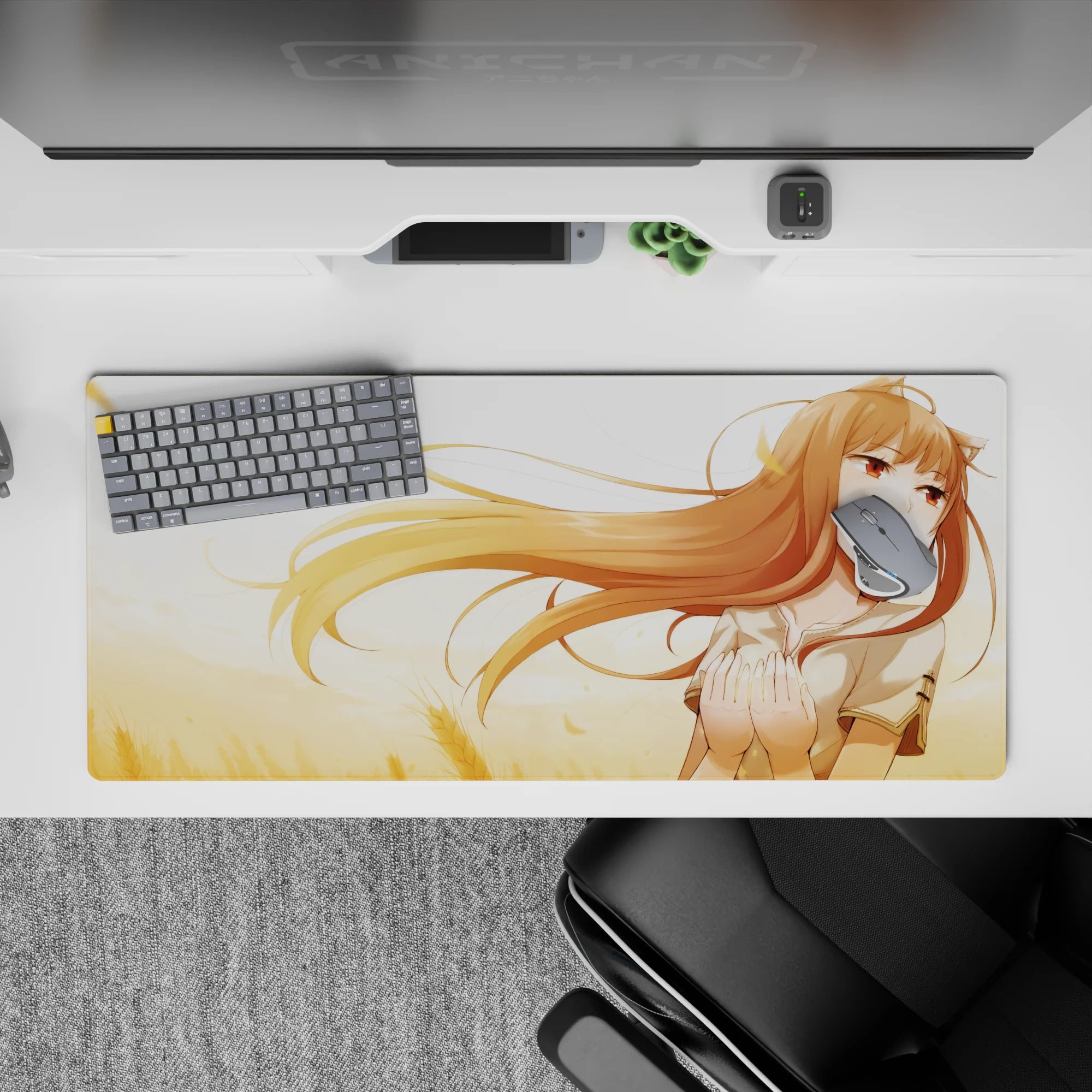 Cozy amber-and-gold anime desk pad 36x16 inches with sunny wheatfield tones and soft blush highlights.